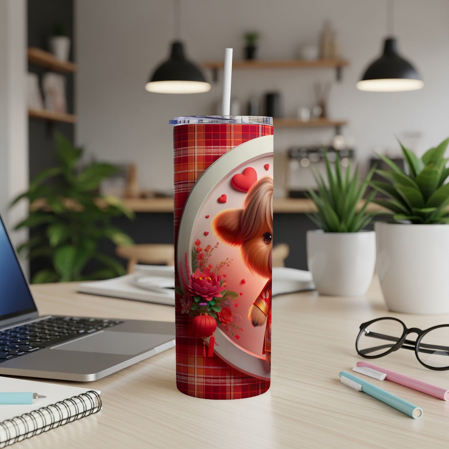Red plaid tumbler featuring a cartoon dog and floral accents.