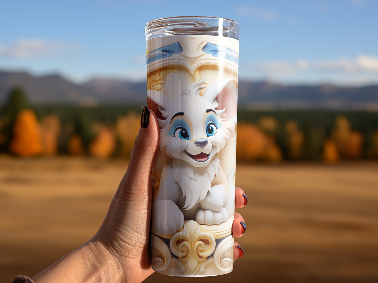 Cute White Cartoon Kitten Tall Tumbler with Landscape