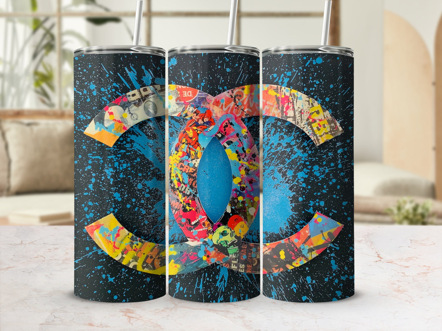 Color Splash Abstract Design Tumblers Set with Lids