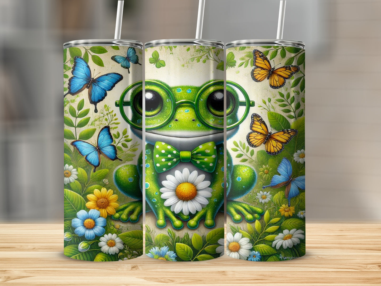 Cute Smiling Frog with Glasses and Butterflies Tumbler
