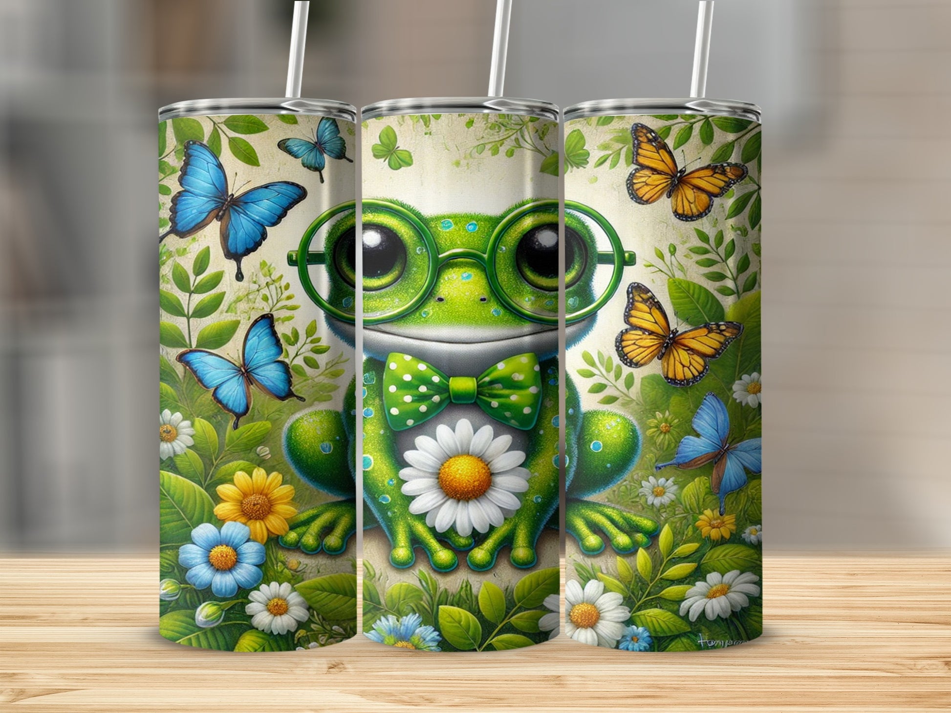 Cute Smiling Frog with Glasses and Butterflies Tumbler