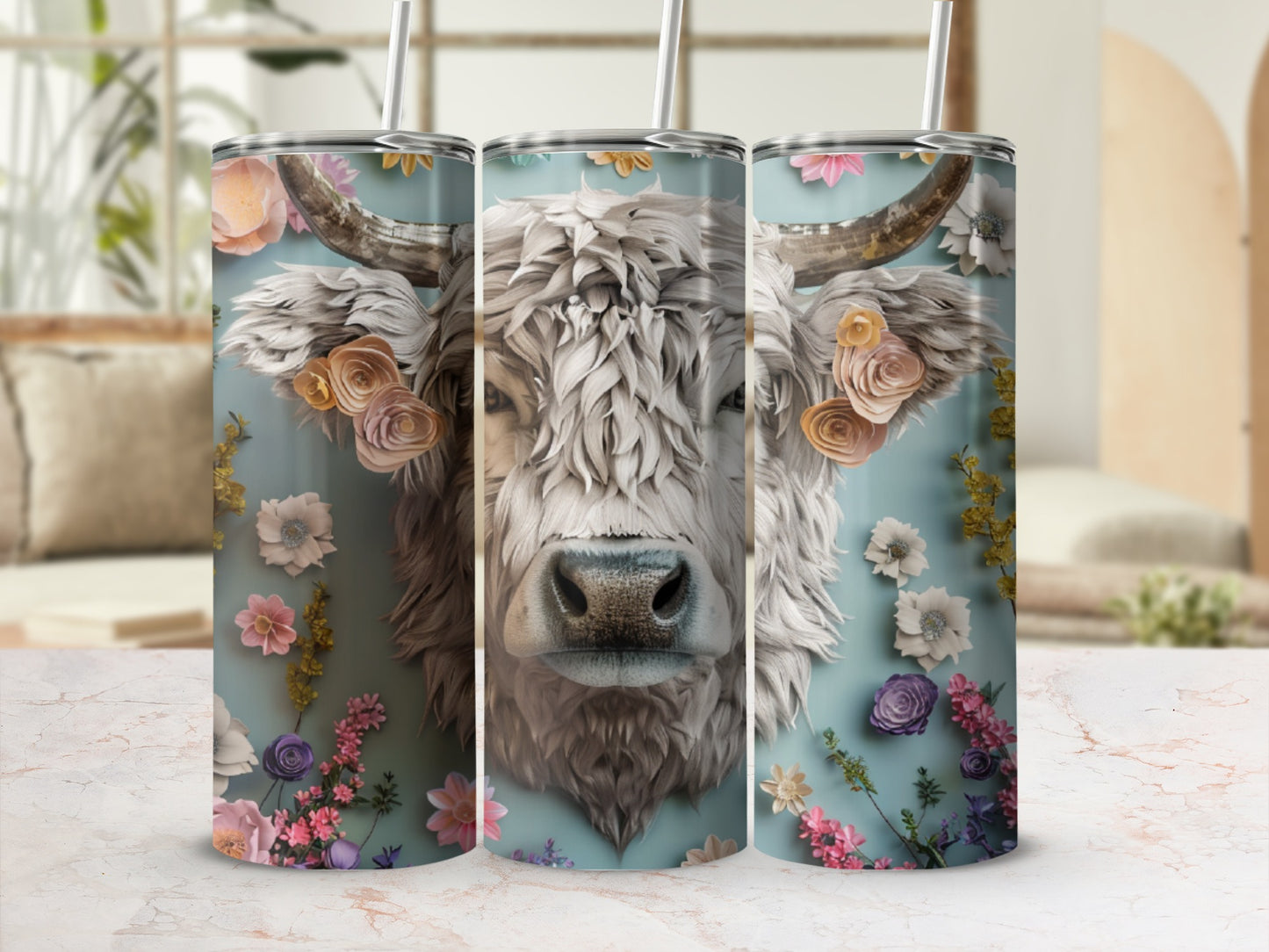 Highland cow design with floral accents on a tall tumbler.