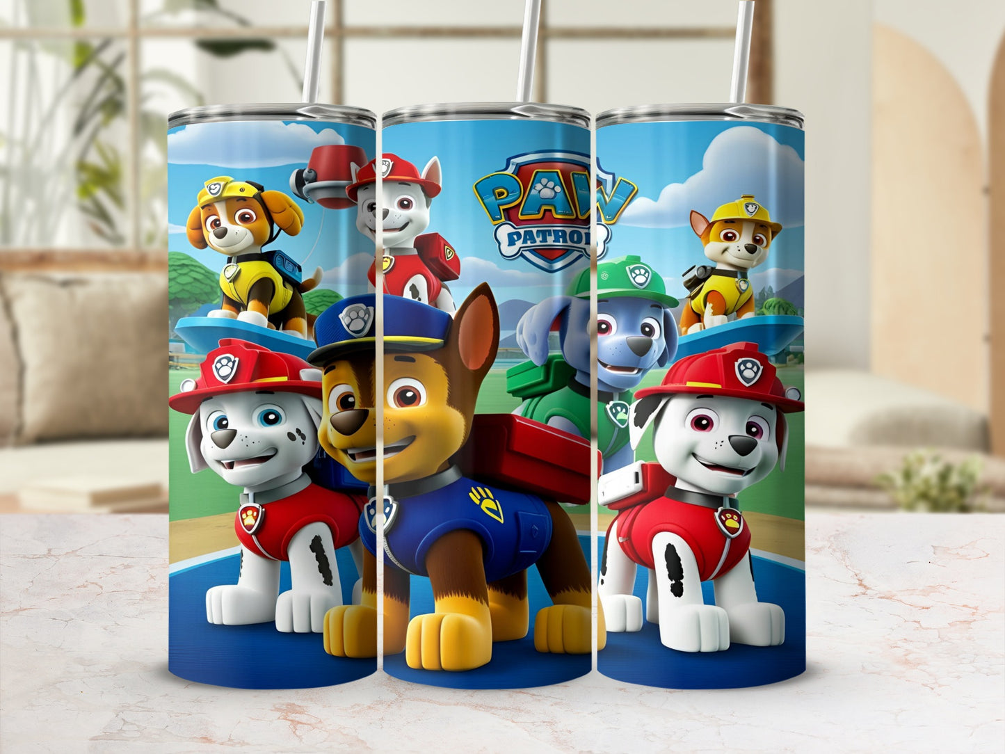 Paw Patrol characters in uniform on a blue background.