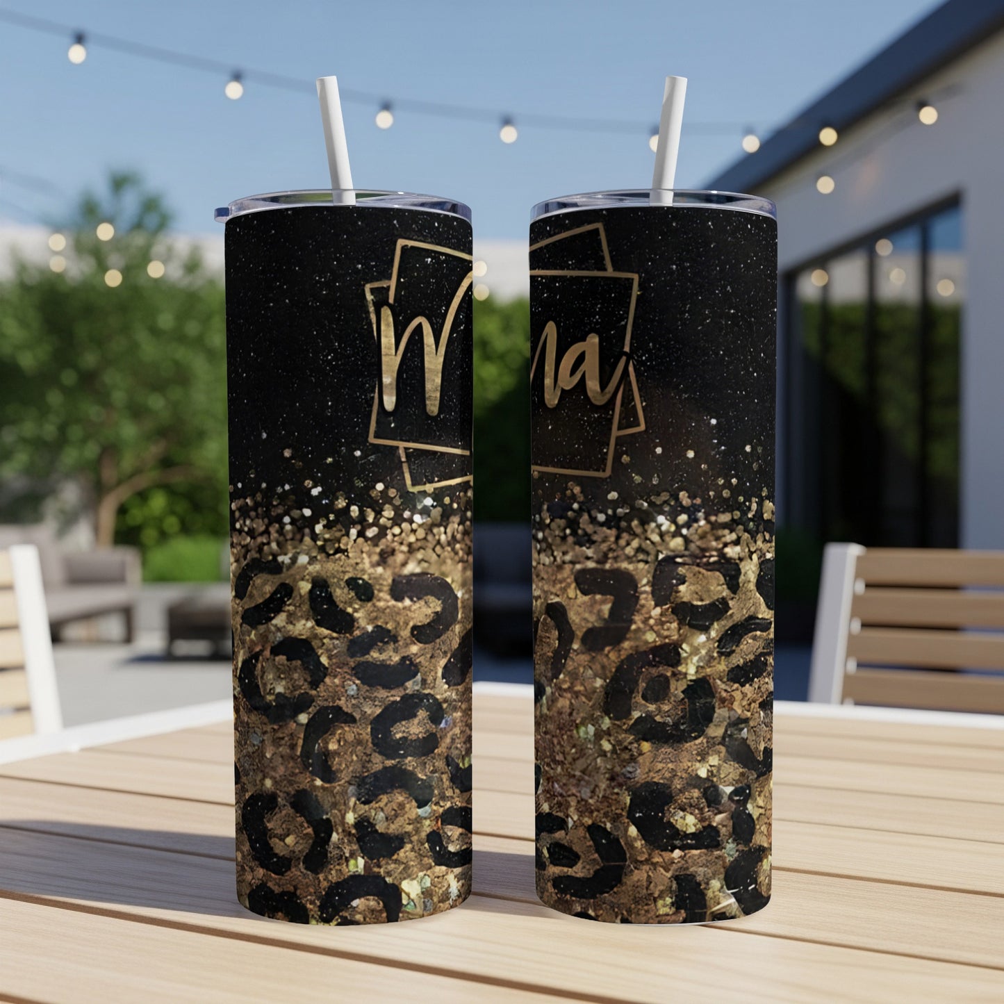 Two Mama tumblers with black glitter and leopard print design.