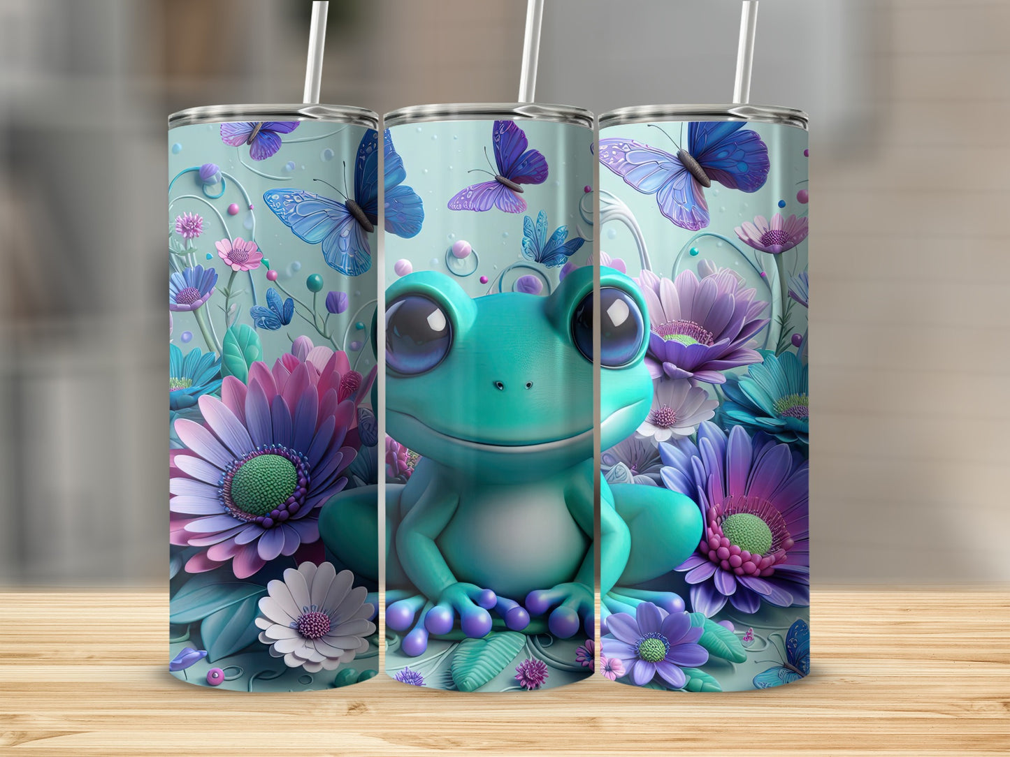 Frog with flowers and butterflies on a teal tumbler.