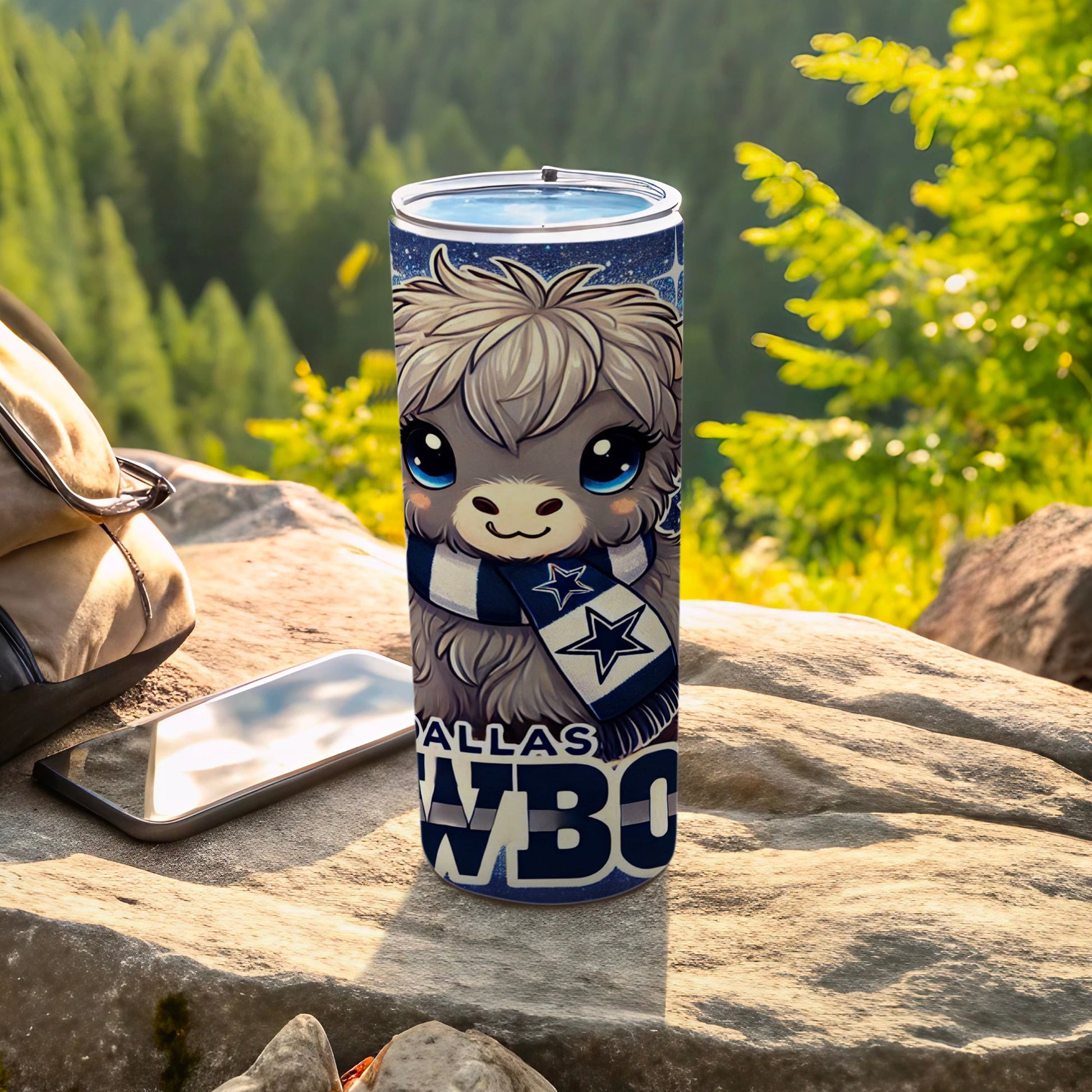 Dallas Cowboys llama tumbler with scarf and stars.