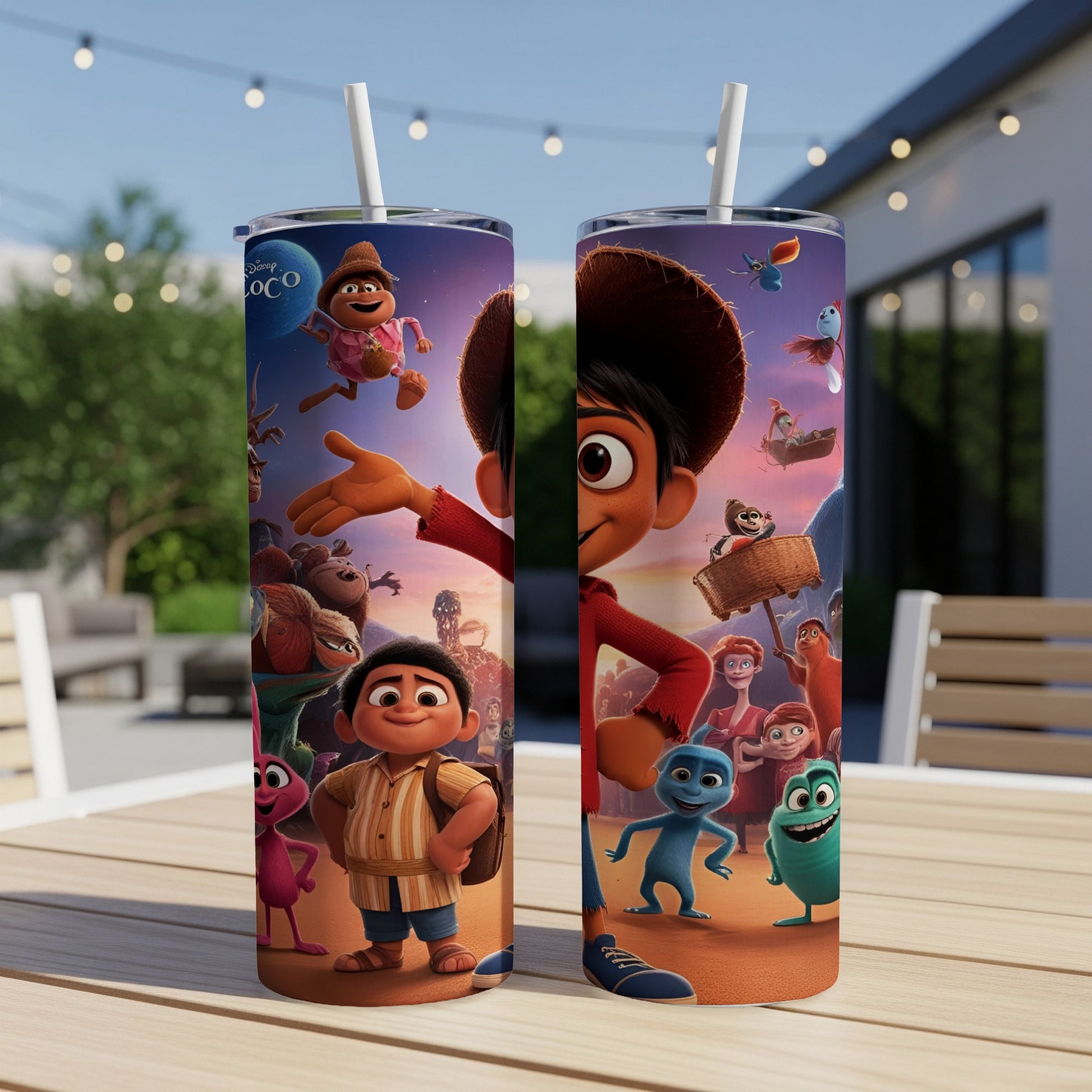 Two tumblers featuring characters from Disney's Coco movie.