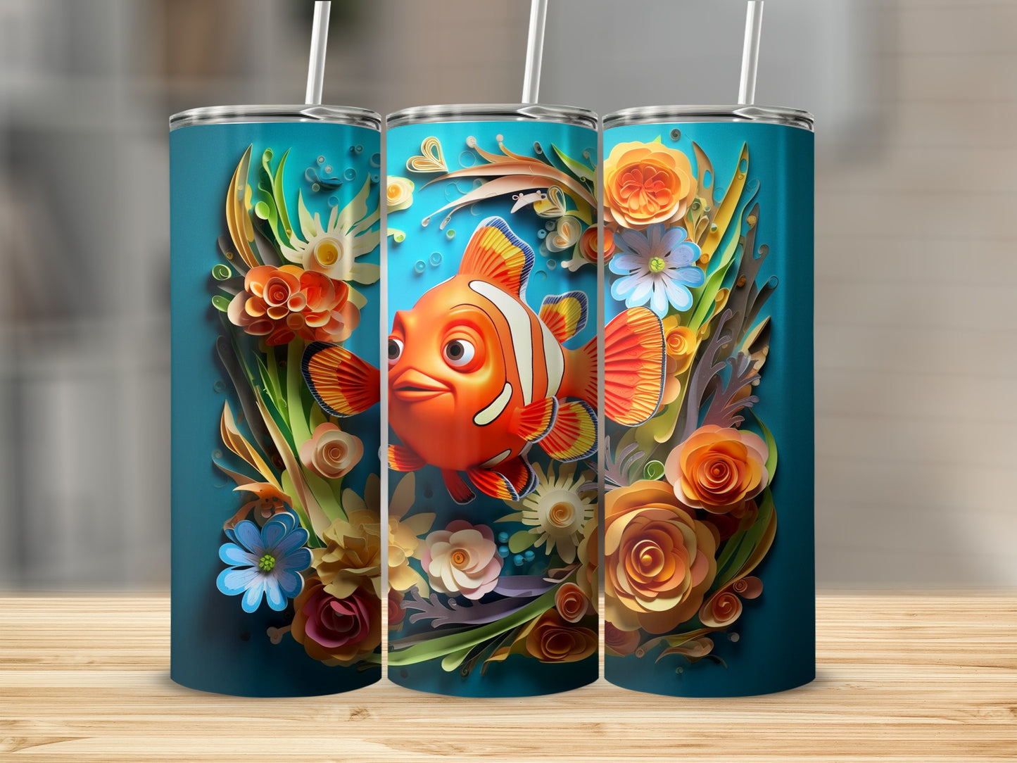 Vibrant Clownfish Floral Design Tumbler Cup