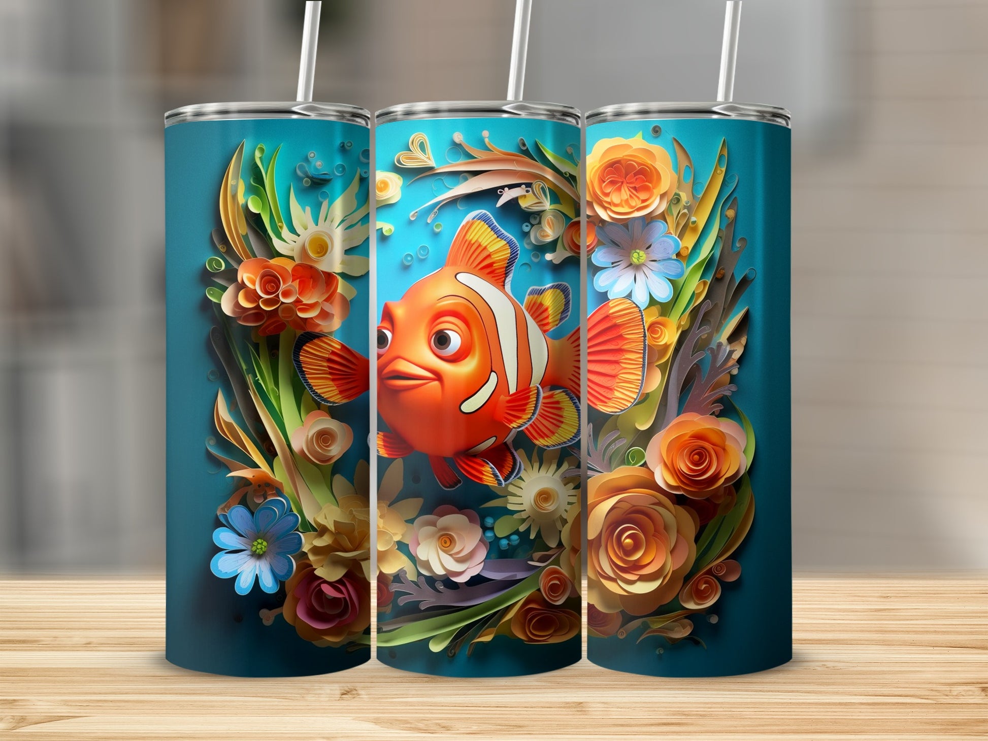 Vibrant Clownfish Floral Design Tumbler Cup