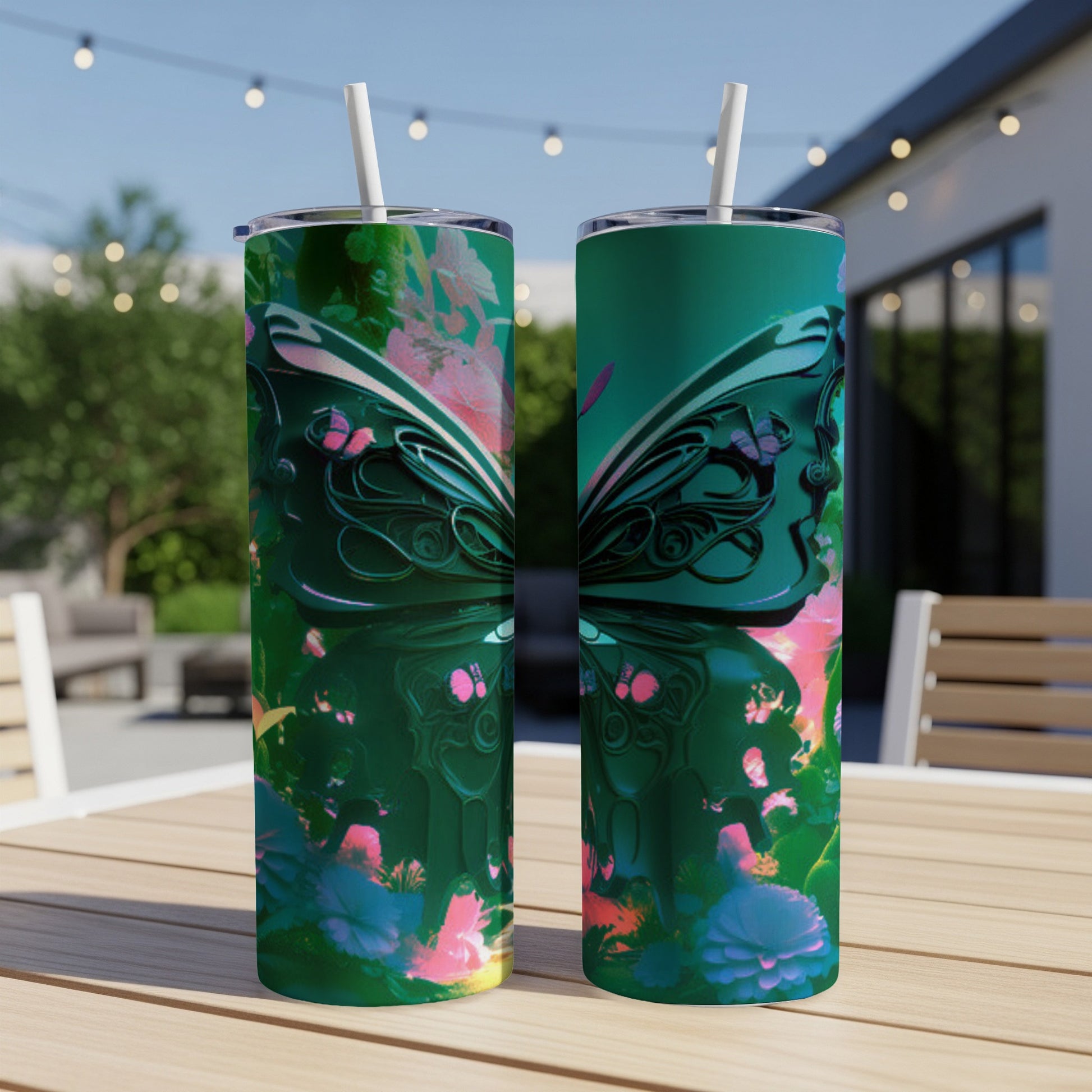 Two teal tumblers with iridescent butterfly wings and floral accents on a patio table.