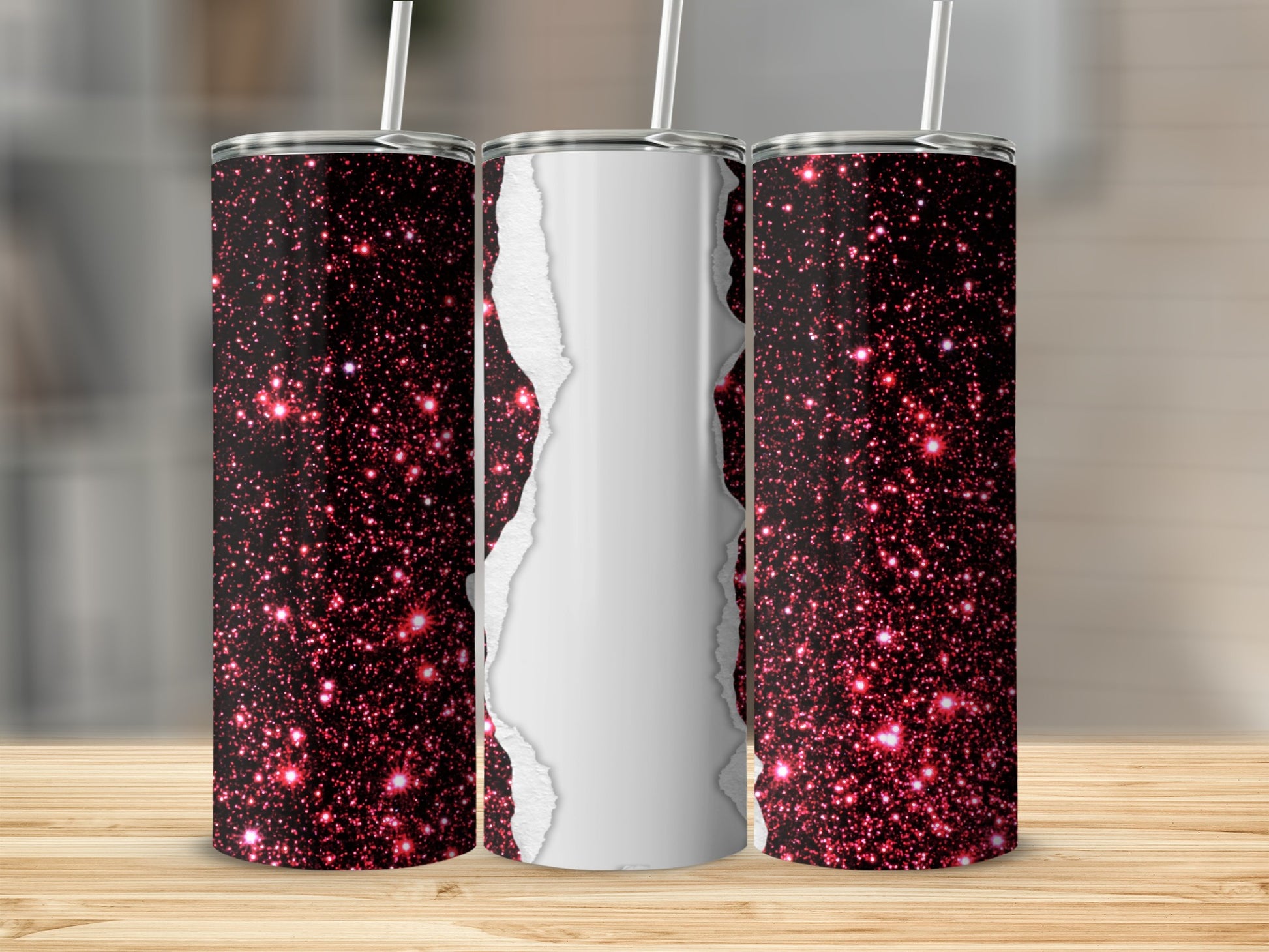Three tumblers with a red glitter sparkle design and a torn paper effect.