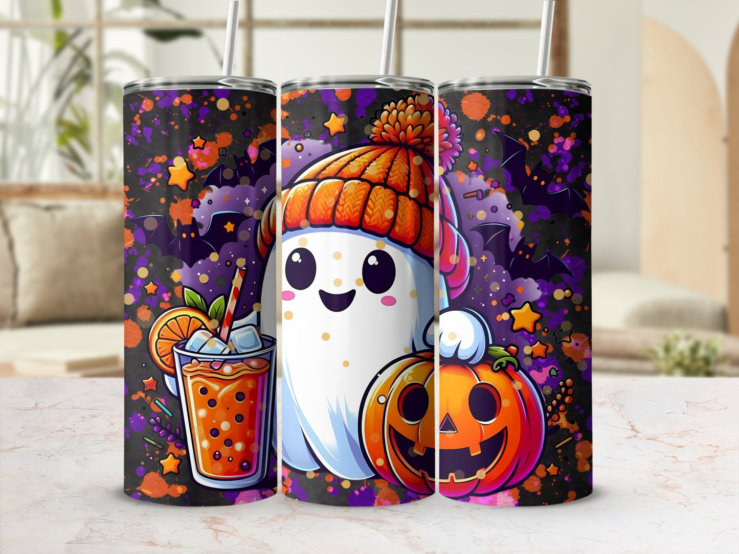 Colorful Halloween Themed Tumbler with Cute Ghost Design