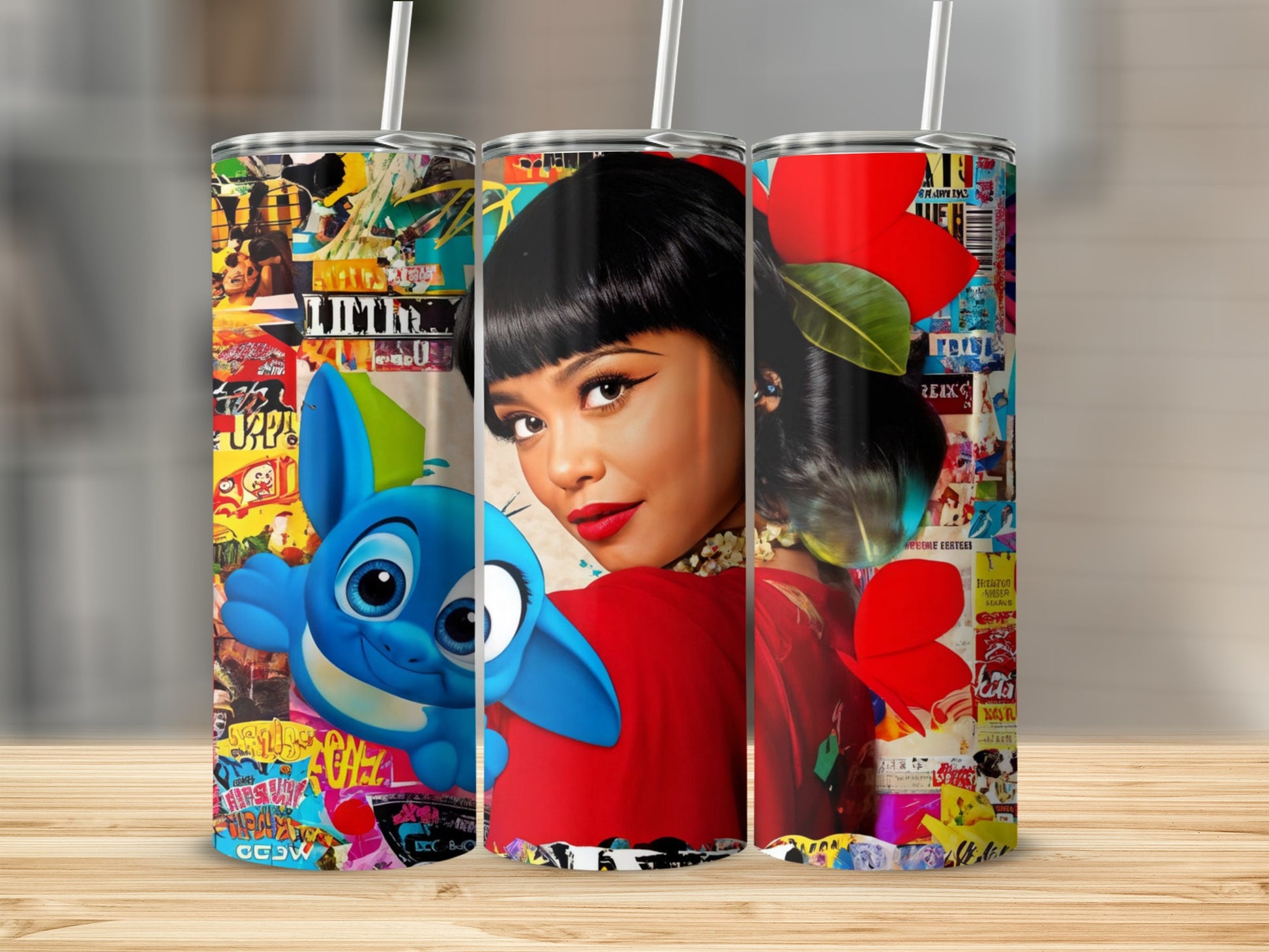 Collage of Stitch and a woman on a red background with colorful graphic elements.