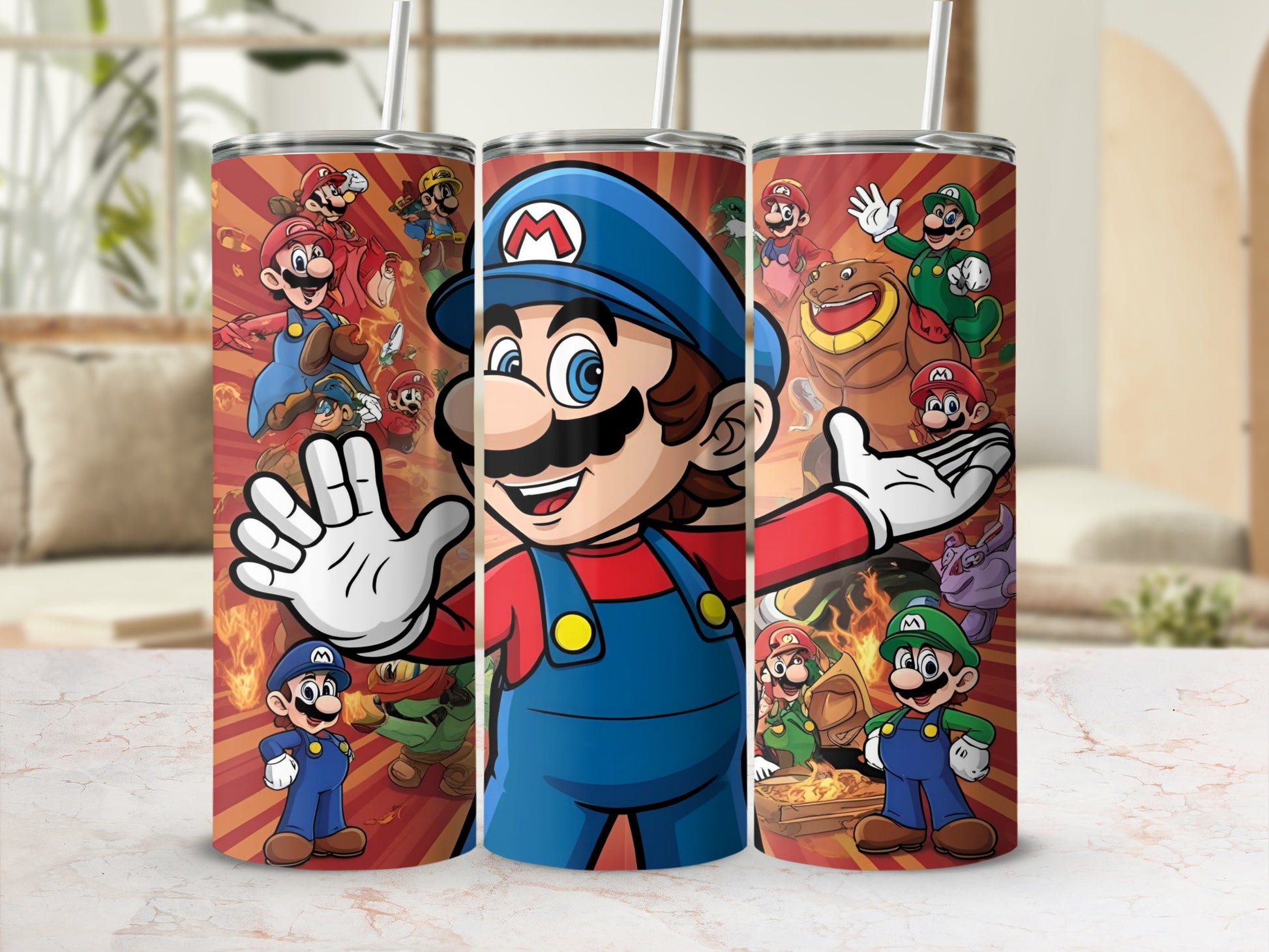 Mario characters and design on three tall stainless steel tumblers.