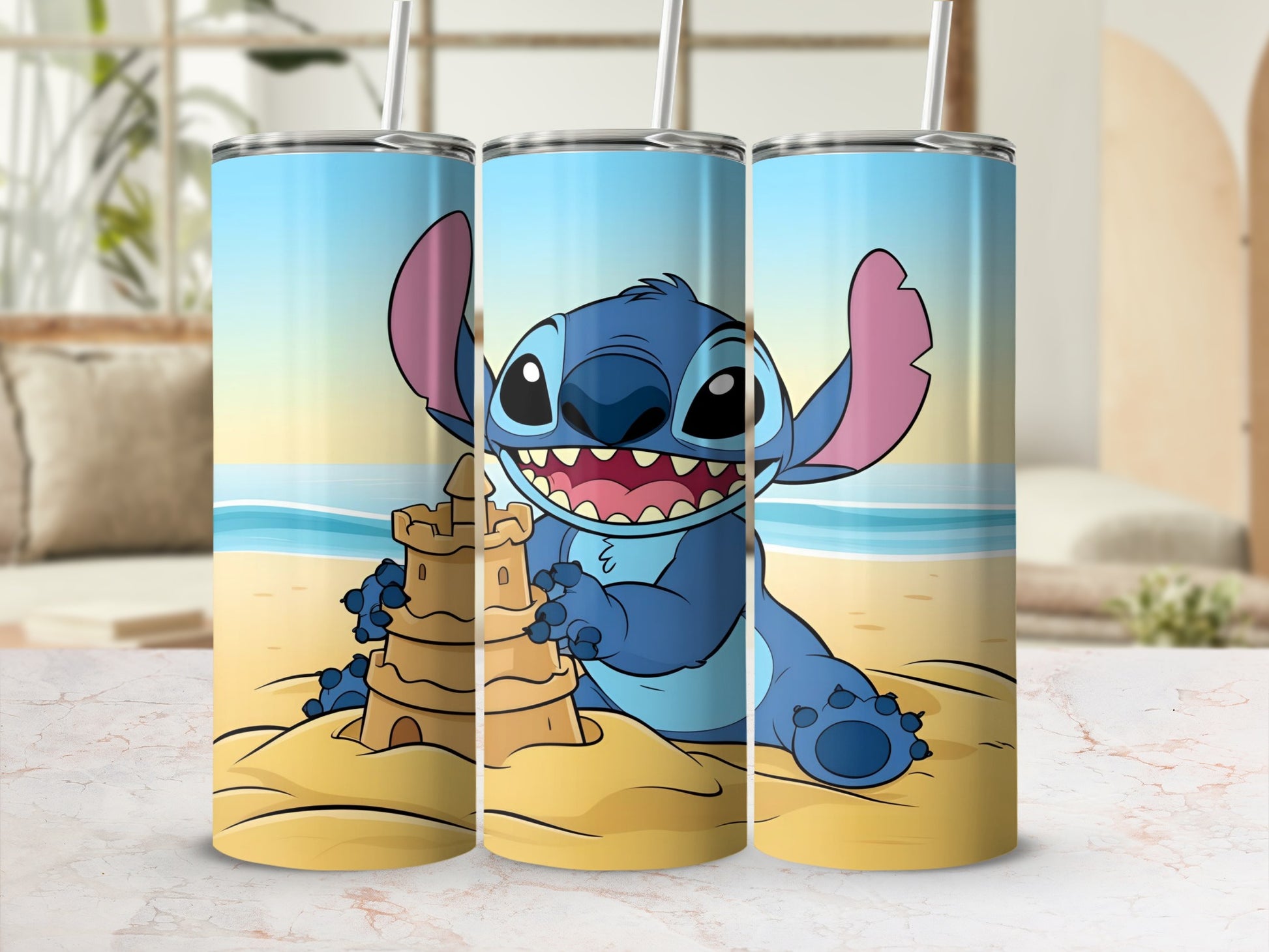 Stitch building a sandcastle on the beach, cartoon character.