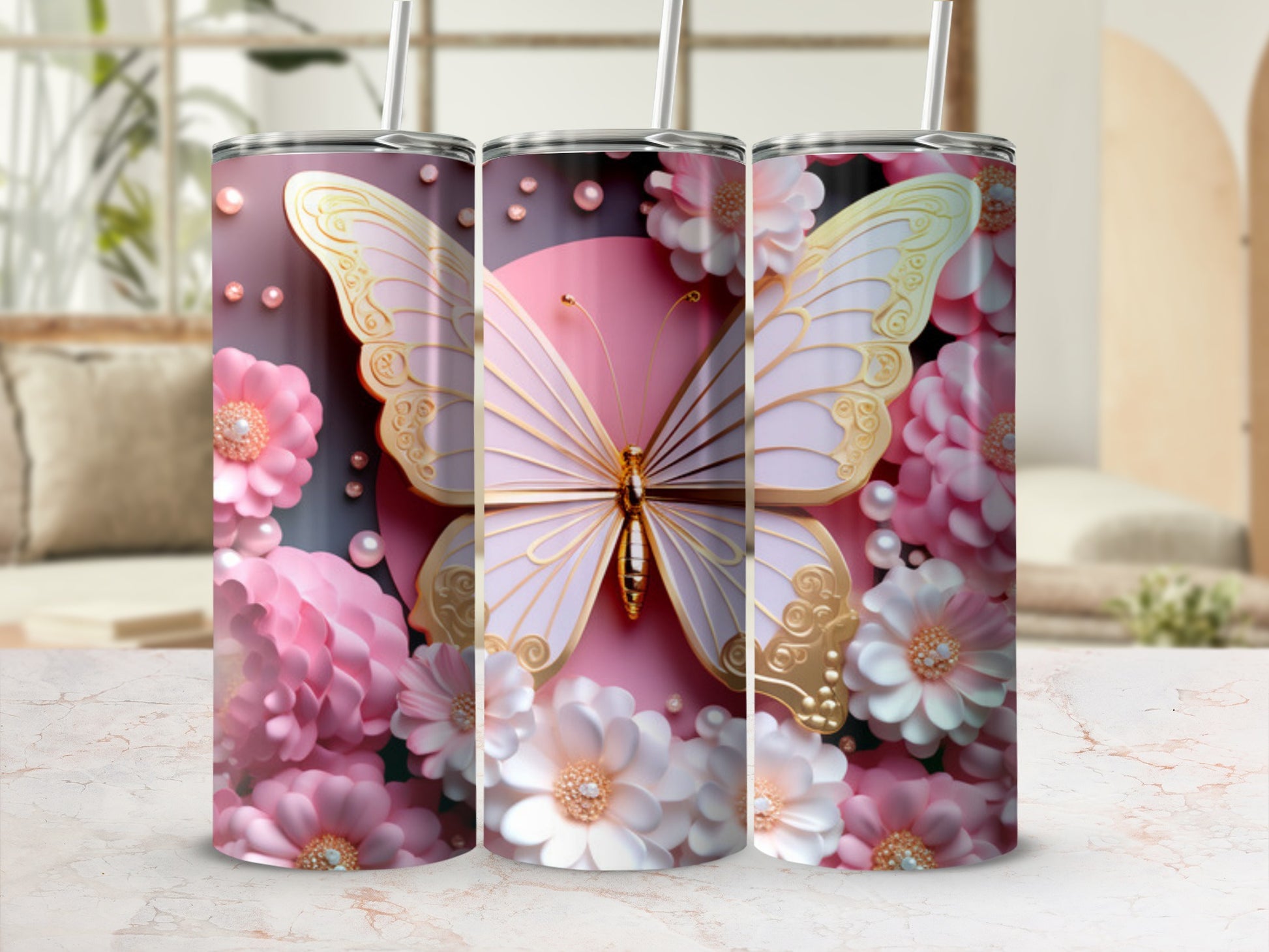 Pink butterfly and flowers tumbler with a light pink background.