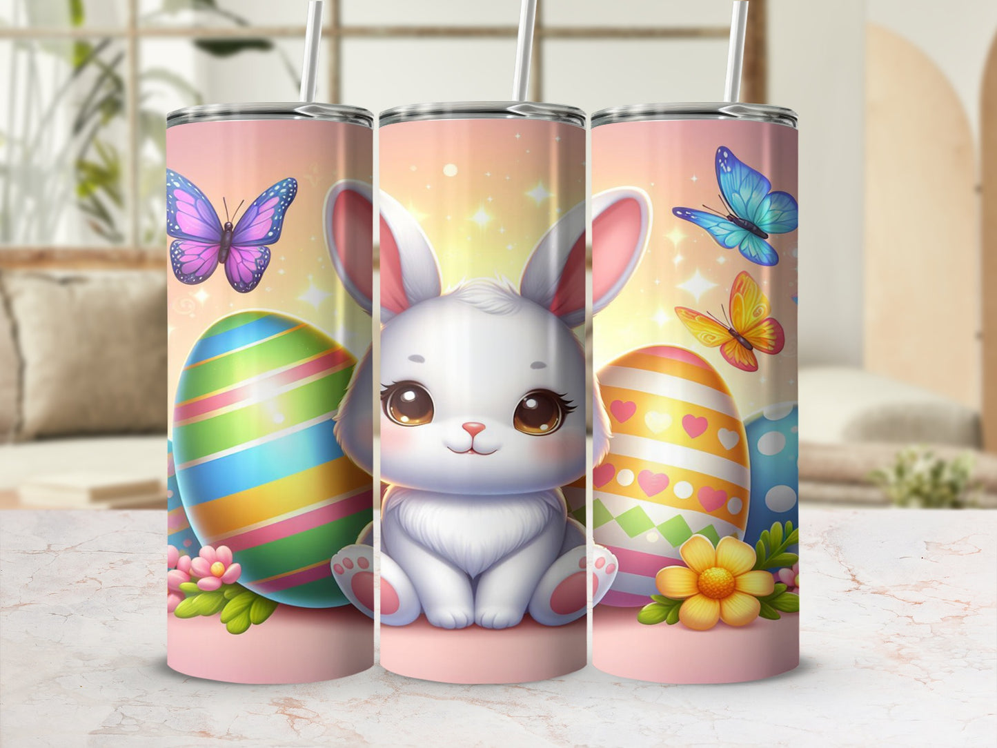 Cute bunny with Easter eggs and butterflies on a pink gradient background.