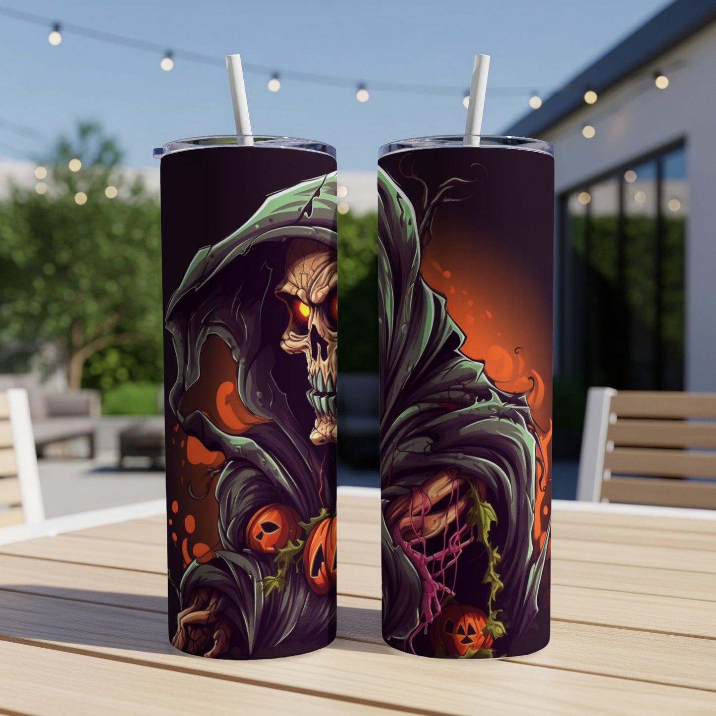 Two tumblers with Grim Reaper and jack-o'-lantern Halloween art.