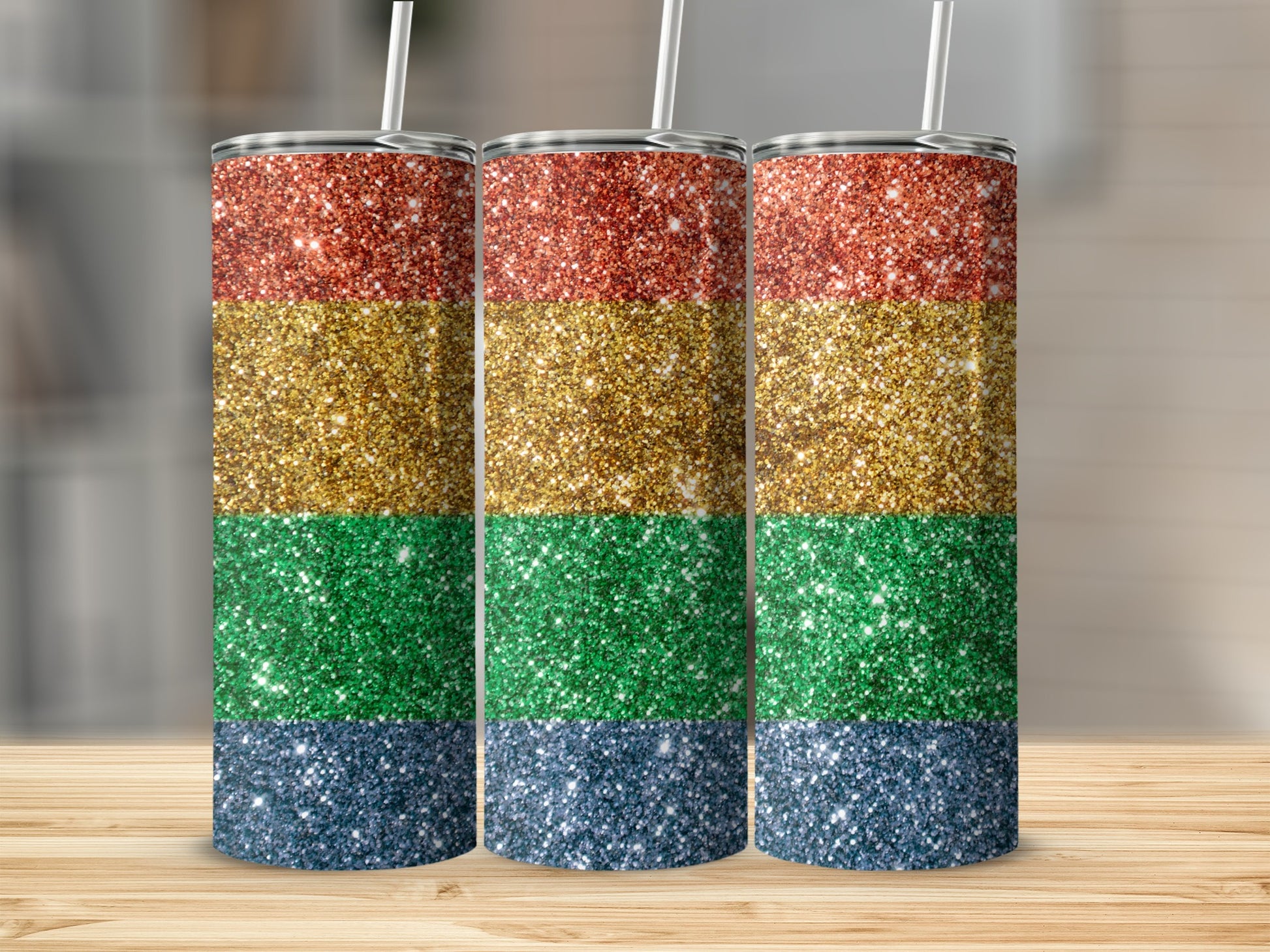 Colorful Glittery Striped Design Tumblers Set