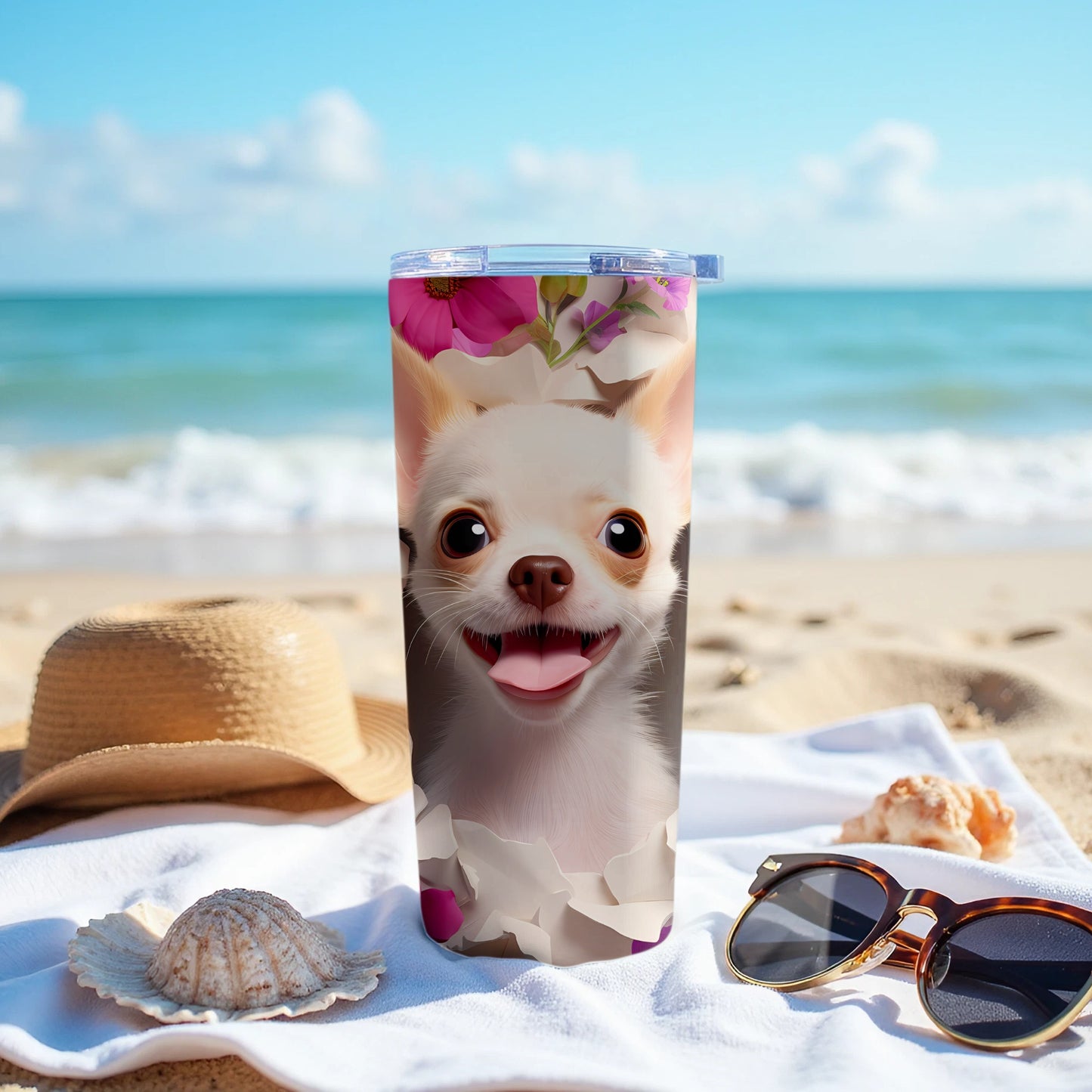 Cute Chihuahua Flower Beach Tumbler Happy Puppy product type
Chihuahua
Dog
Puppy
Cute animal
Pet
Flower print
Pink flowers
Floral design
Beach theme
Ocean background
Travel mug
Insulated cup
Drinkware
Summer vibe
Tropical scene
Vacation accessory
Animal lover
Dog owner gift
Chihuahua art
Happy dog