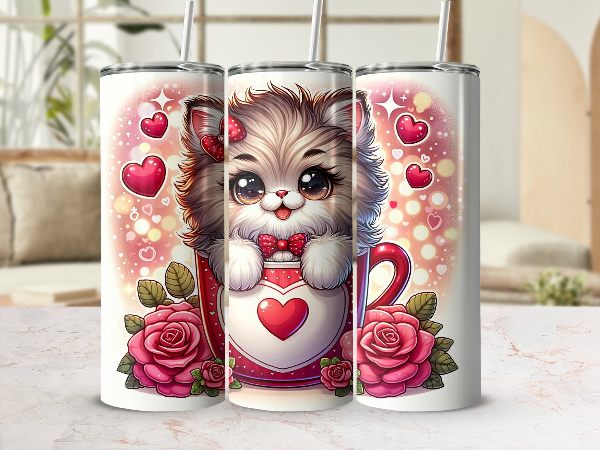 Kawaii kitten with roses and hearts peeking out of a mug.