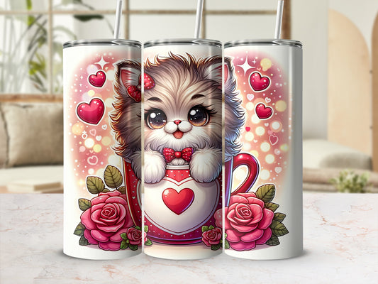 Kawaii kitten with roses and hearts peeking out of a mug.