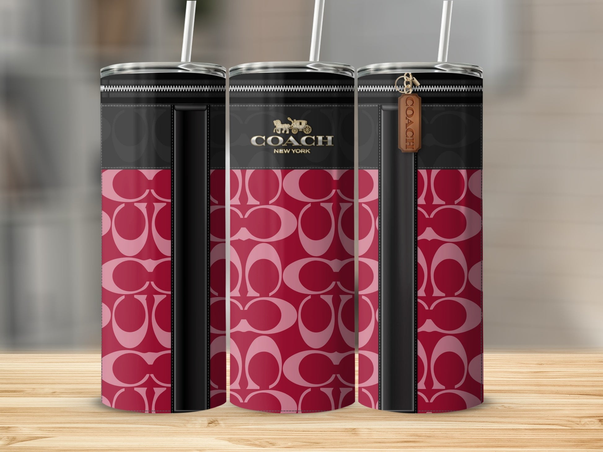 Stylish Coach Pink and Black Pattern Tumbler with Straw