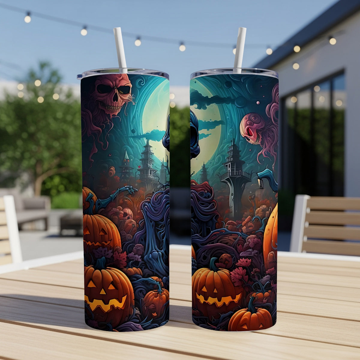 Two tumblers with spooky Halloween skulls, jack-o'-lanterns, and castles on a moonlit night.