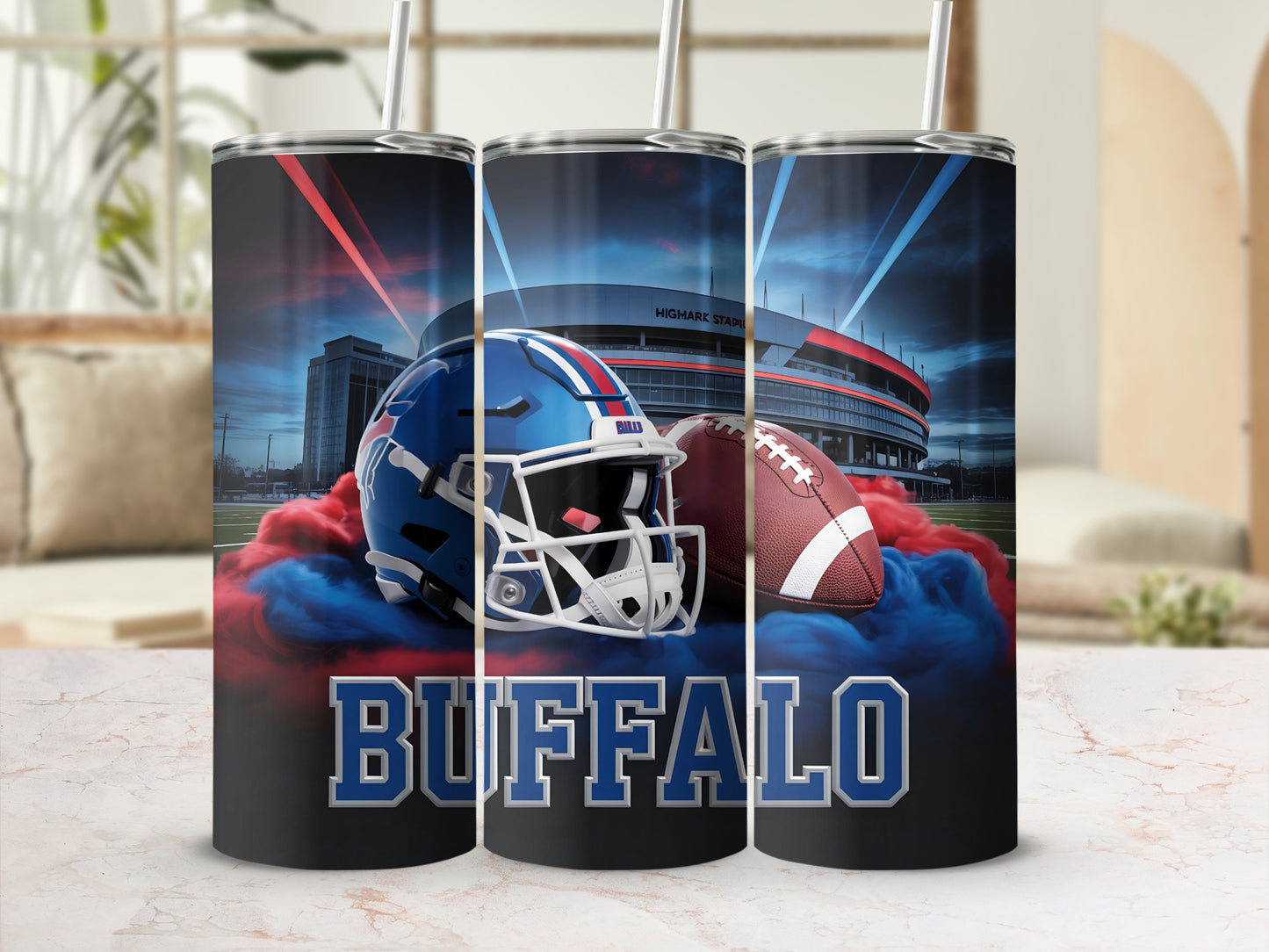 Buffalo Bills helmet, football, and stadium graphic on tumblers.