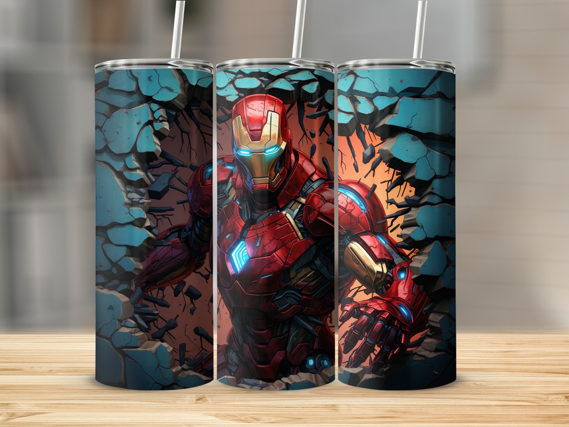 Iron Superhero Breaking Through Wall Tumbler