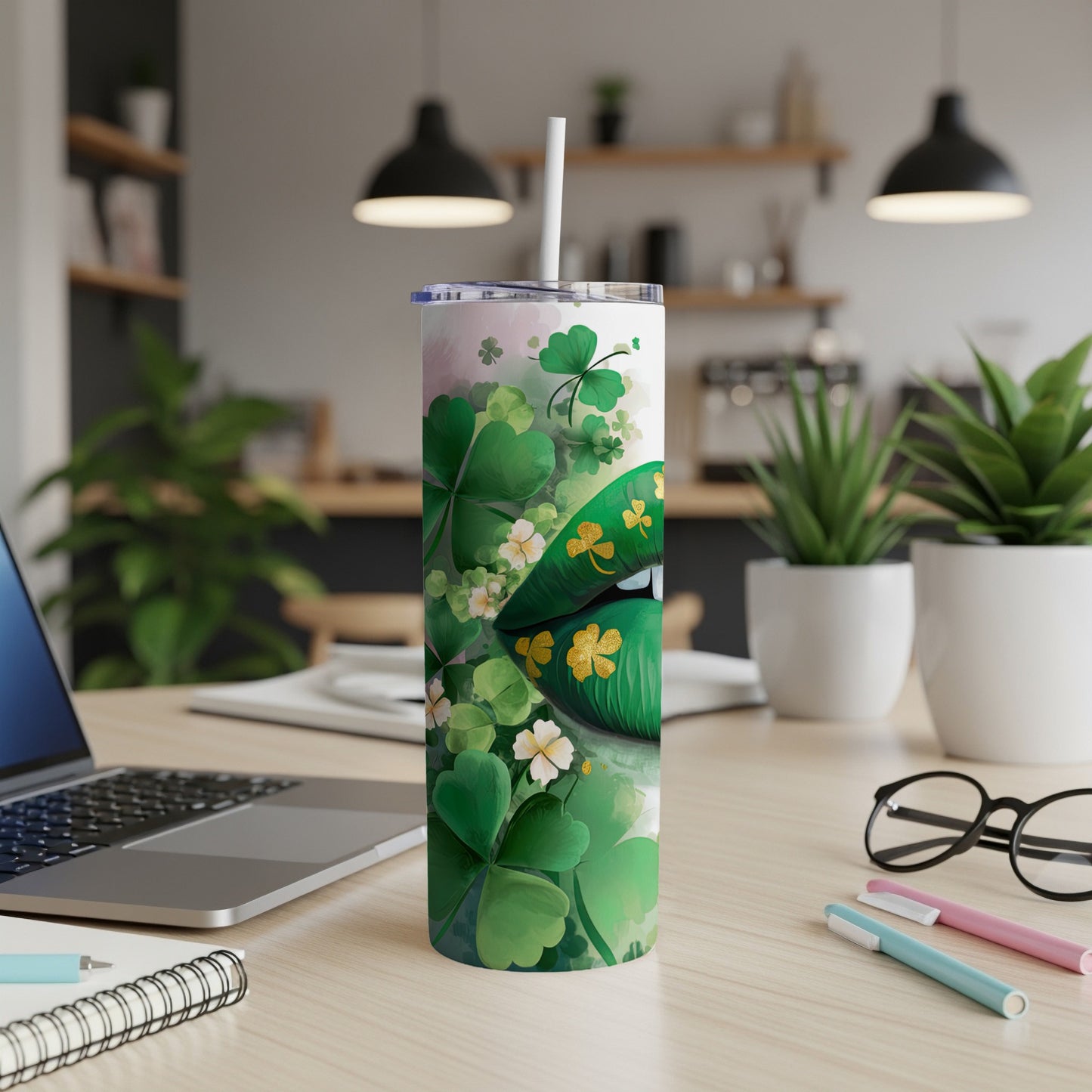 St. Patrick's Day green lips and shamrocks on a skinny tumbler.