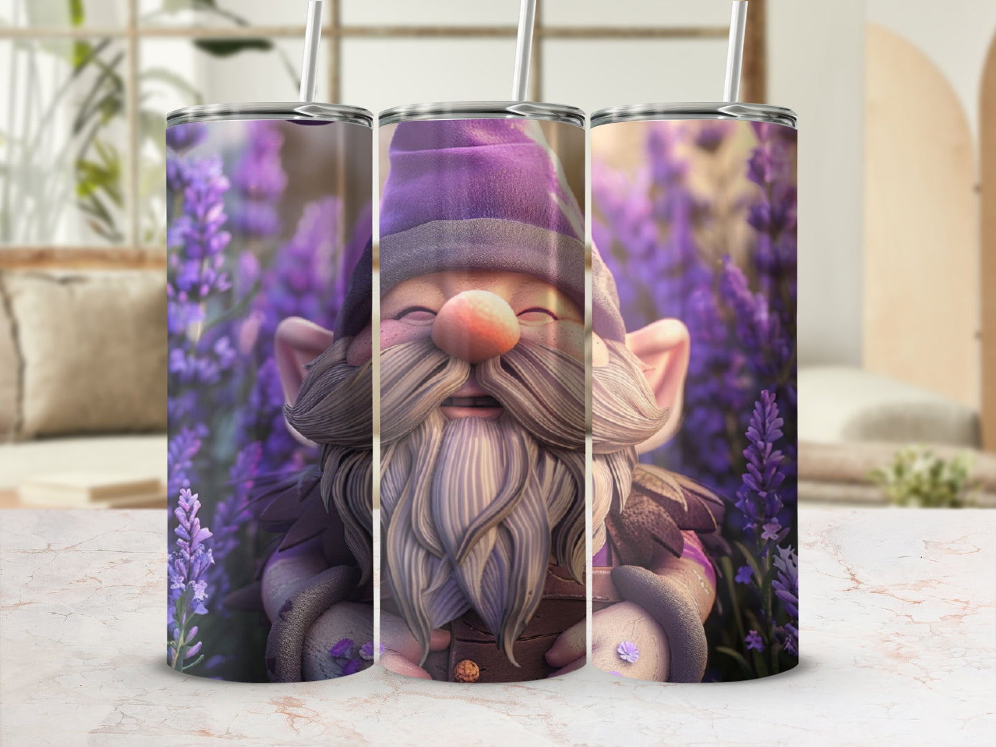 Three tumblers with a smiling gnome and lavender background.