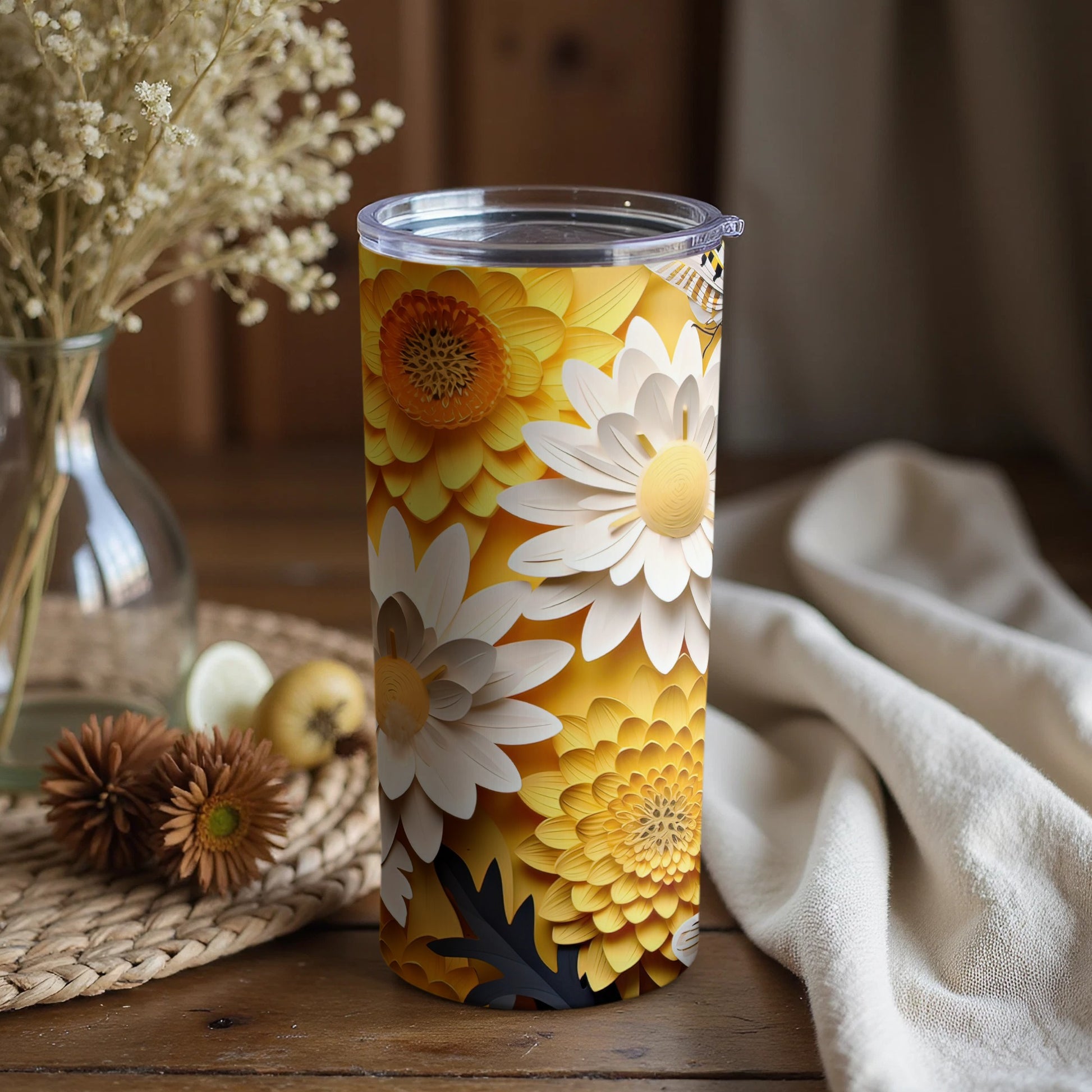 Vibrant Floral Print Tumbler With Daisies and Sunflowers