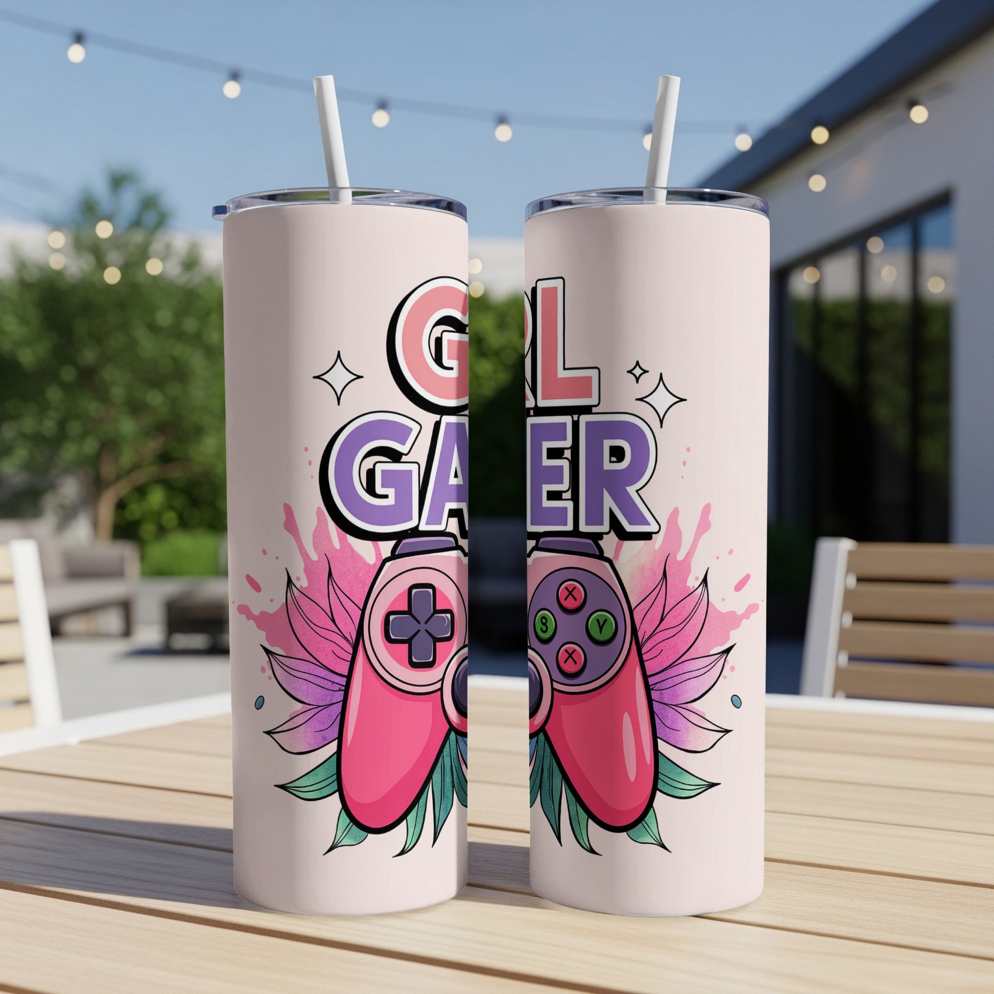Pink tumbler with "Girl Gamer" text and video game controller graphic.