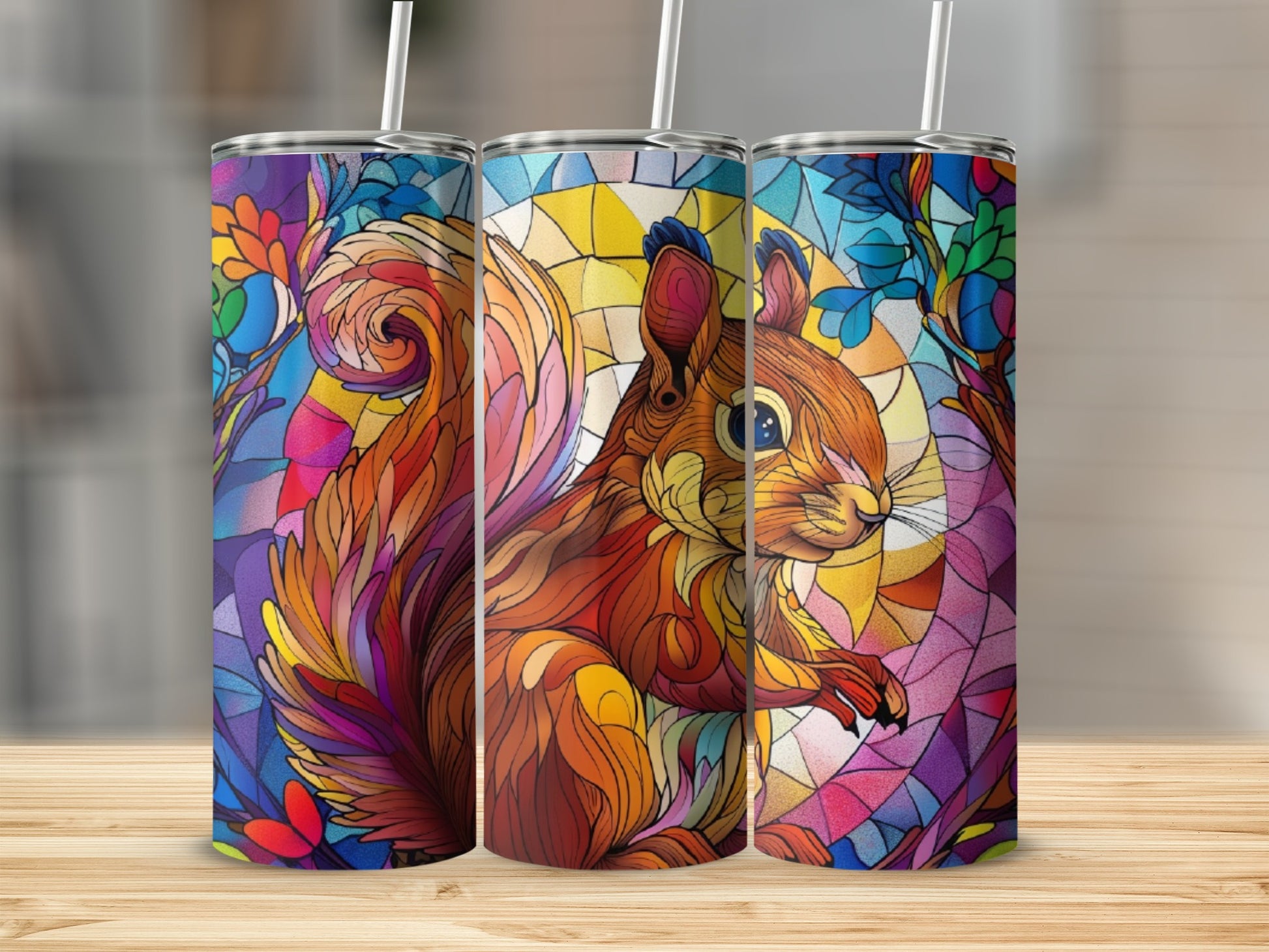 Stained glass-style squirrel design on three tumblers.