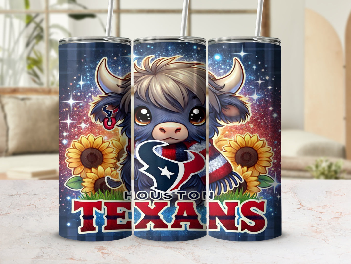 Houston Texans tumbler with a cartoon bull and sunflowers.