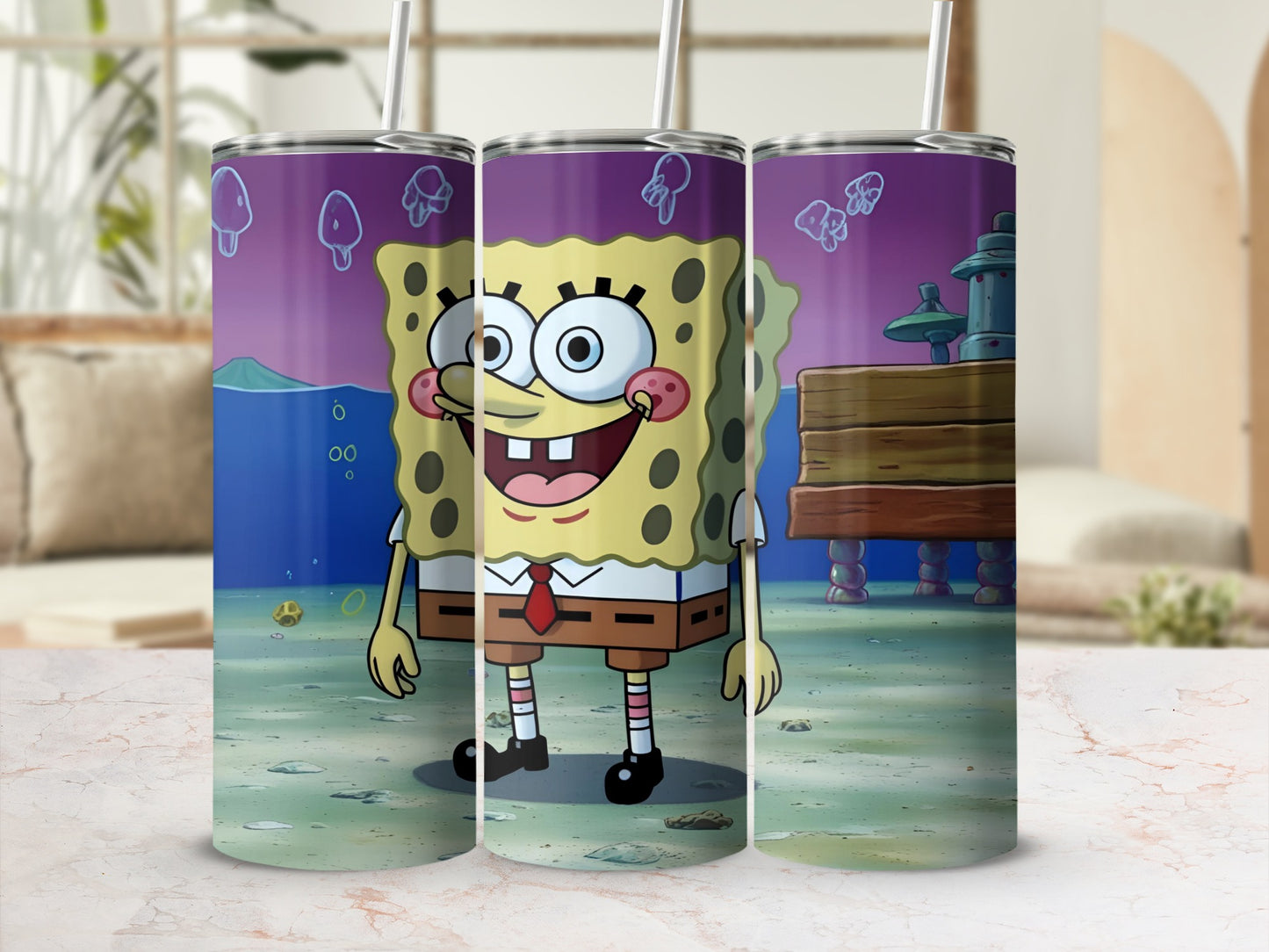 SpongeBob SquarePants character with "SpongeBob" text on a purple tumbler.