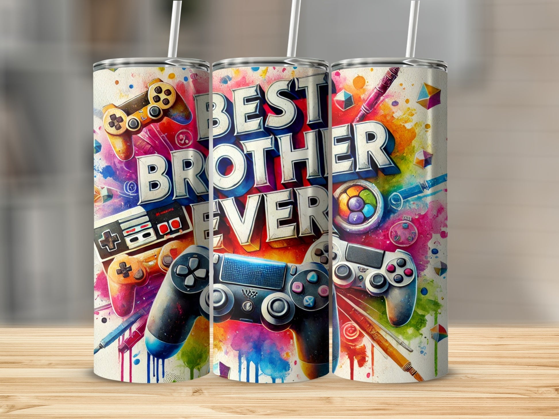 Tumbler with video game controllers and "Best Brother Ever" text.