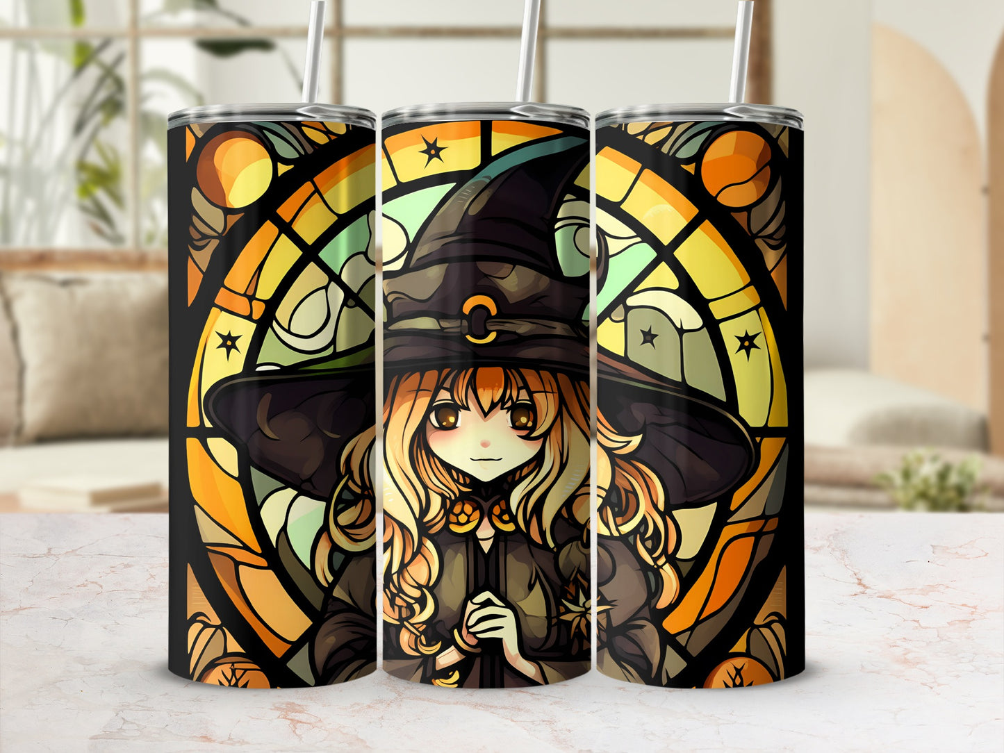 Stained glass tumbler with anime witch and floral background.