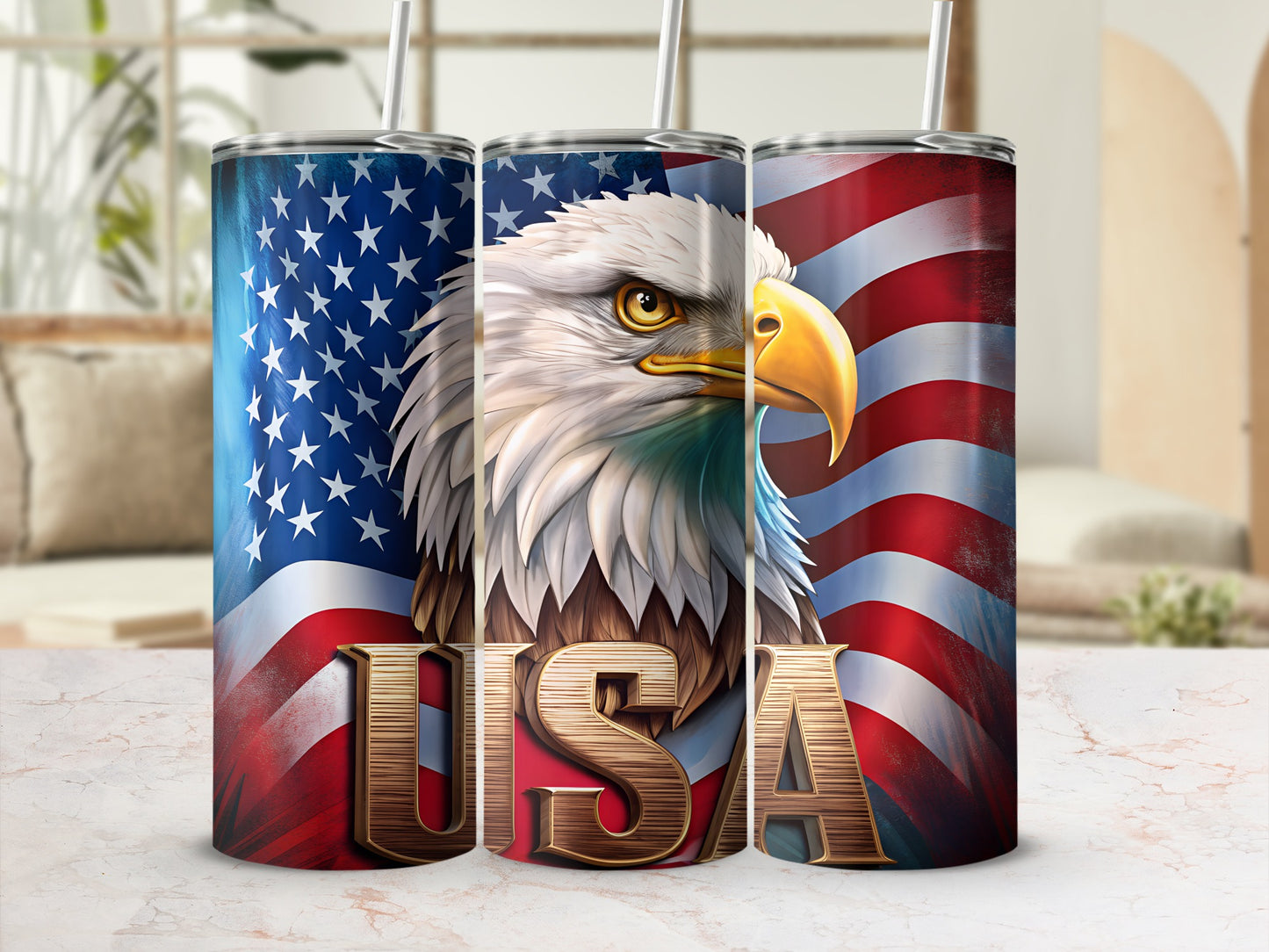 USA themed tumbler with eagle and American flag design.
