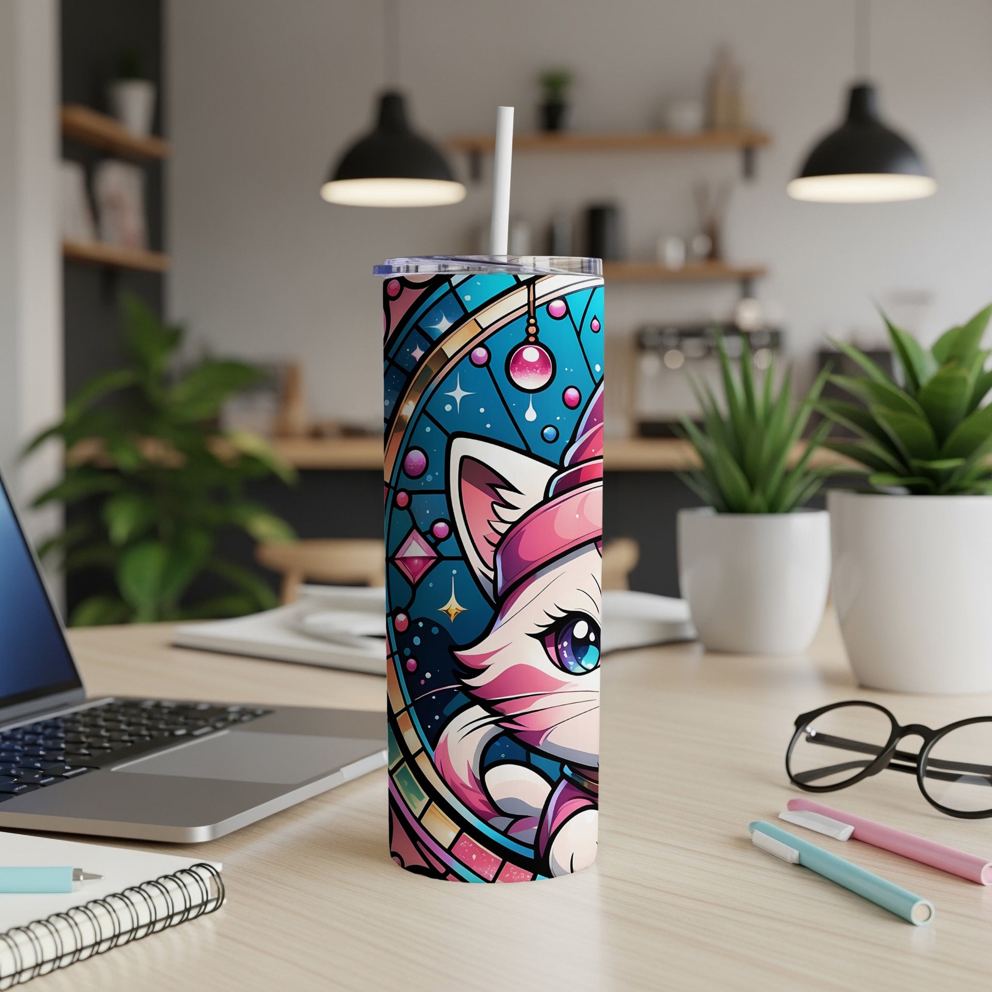 Tall tumbler with stained-glass-style cat design and pink hat.