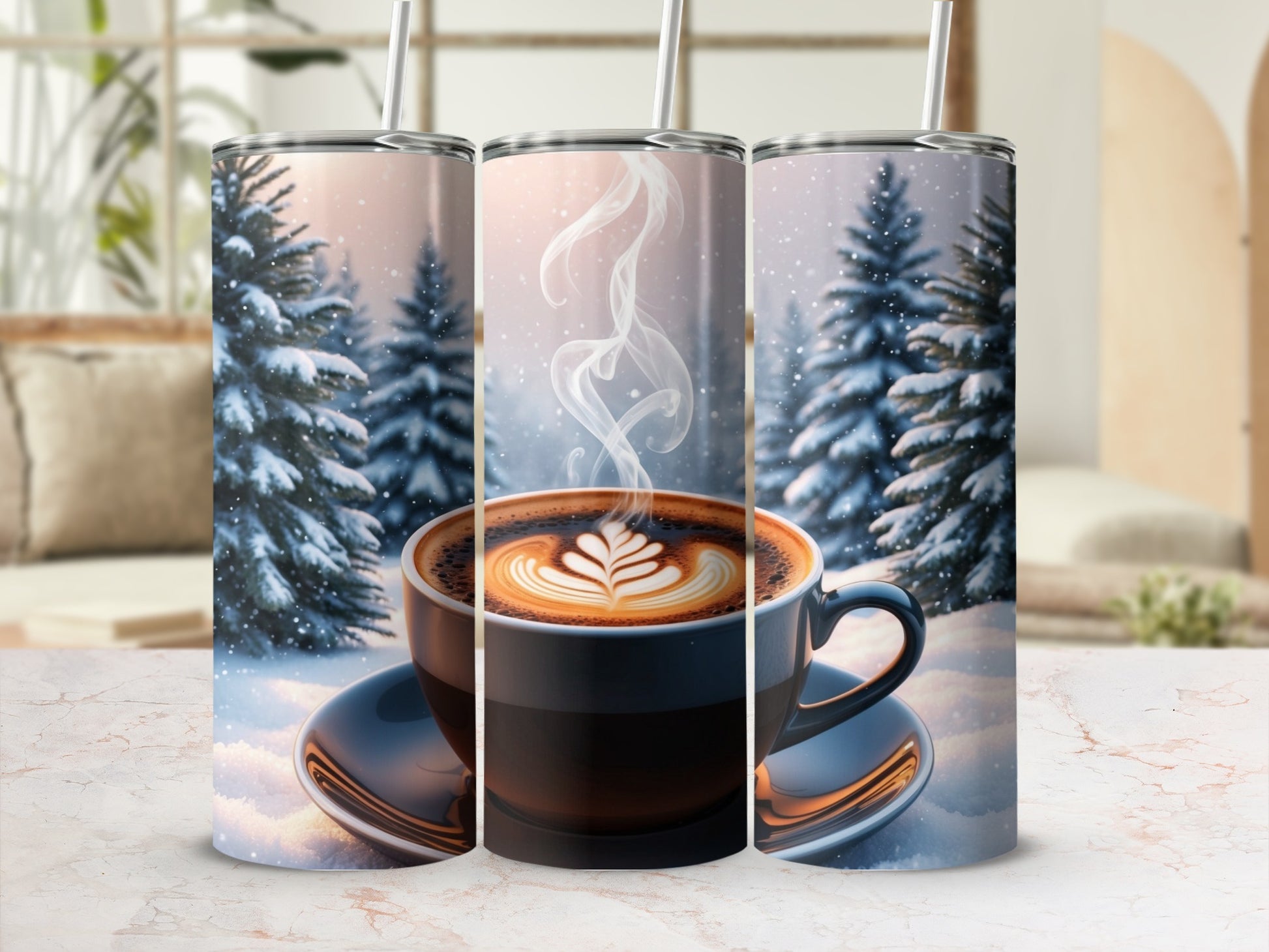 Winter forest scene with steaming coffee cup and latte art.