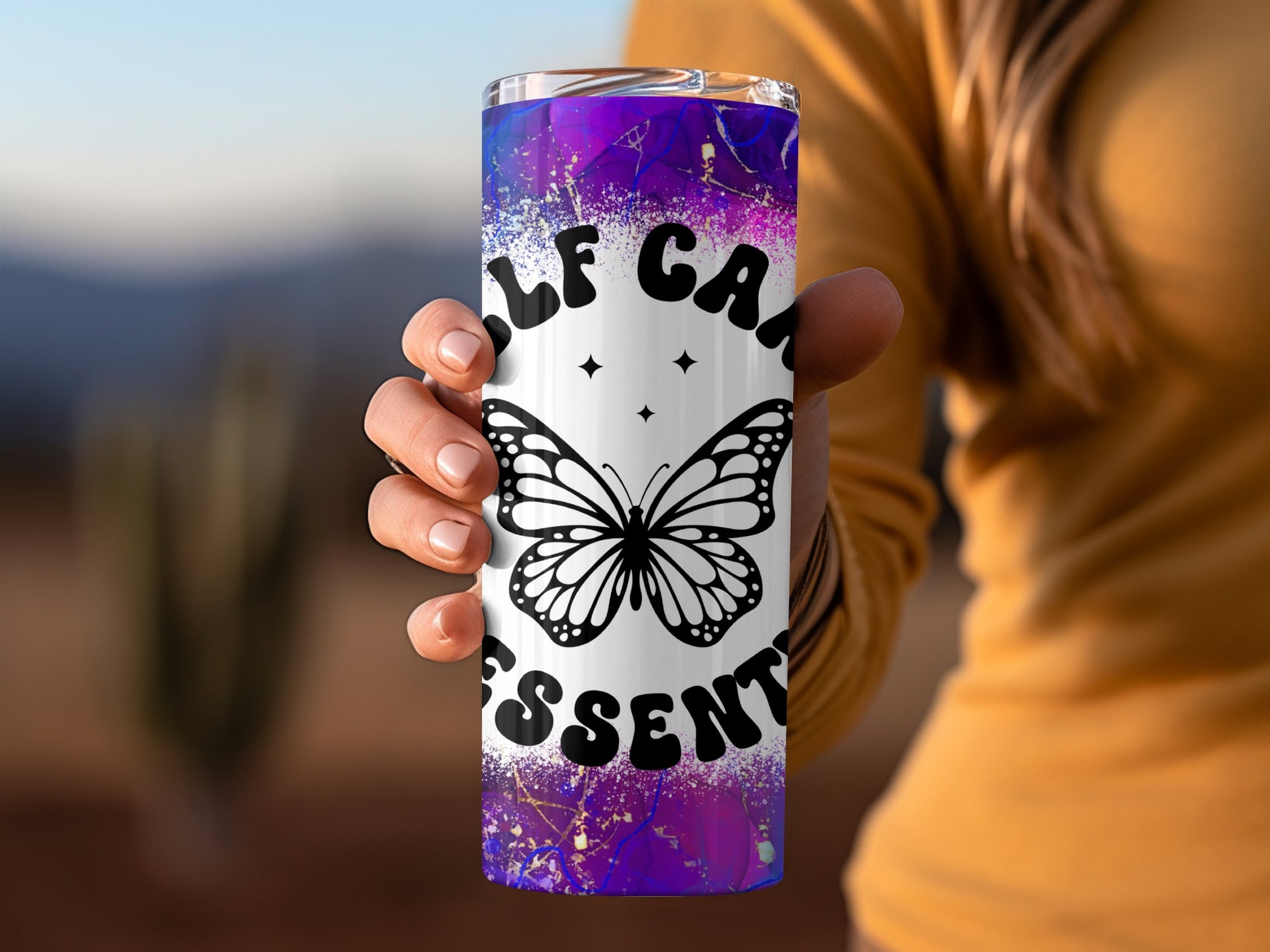 Self Care Essentials Butterfly Design Tumbler