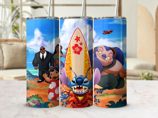 Cartoon Characters on Tropical Beach Scene tumbler