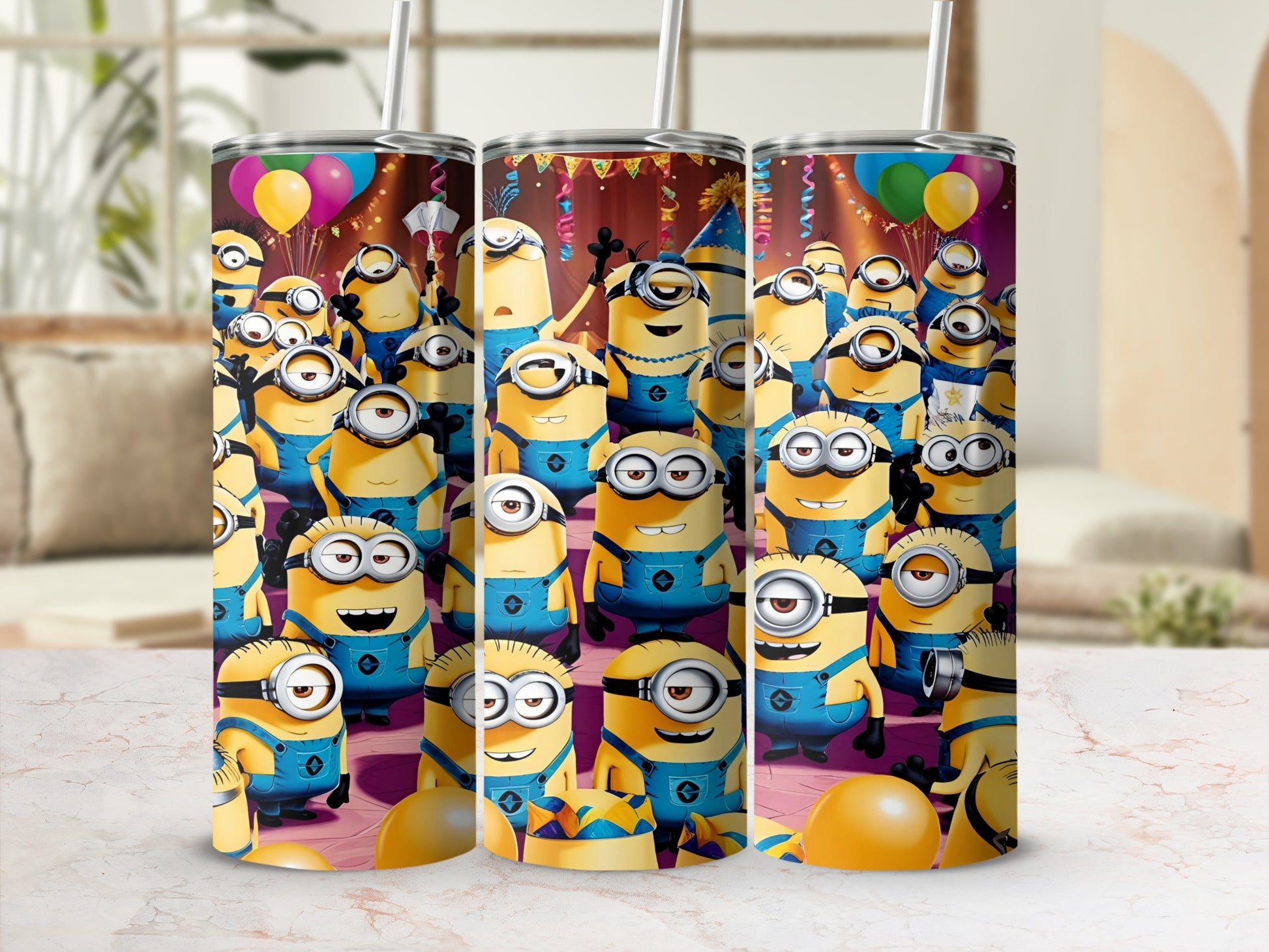 Minions celebrating with balloons and confetti on a colorful background.