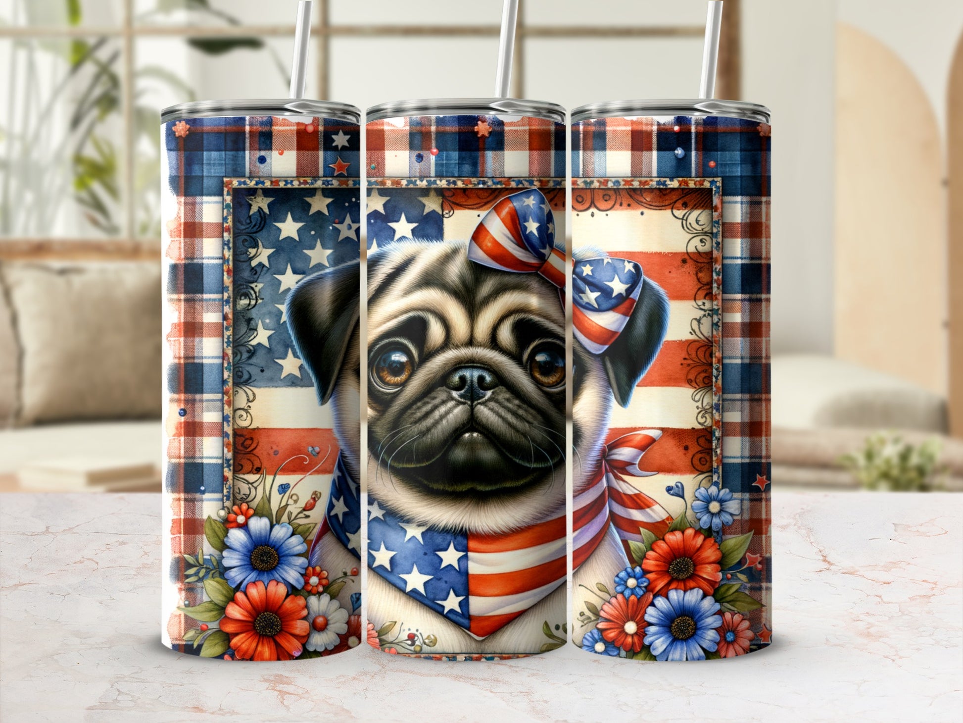 Patriotic pug with American flag bandana and bow on tumbler.