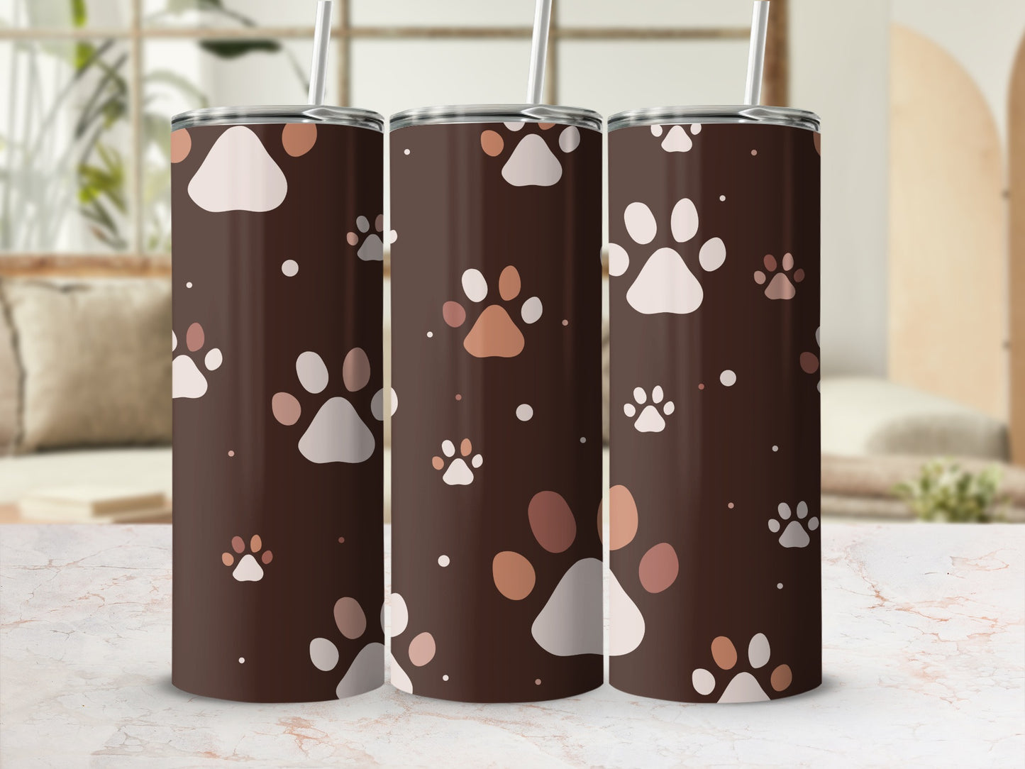 Brown Tumbler with Cute Paw Print Pattern Design