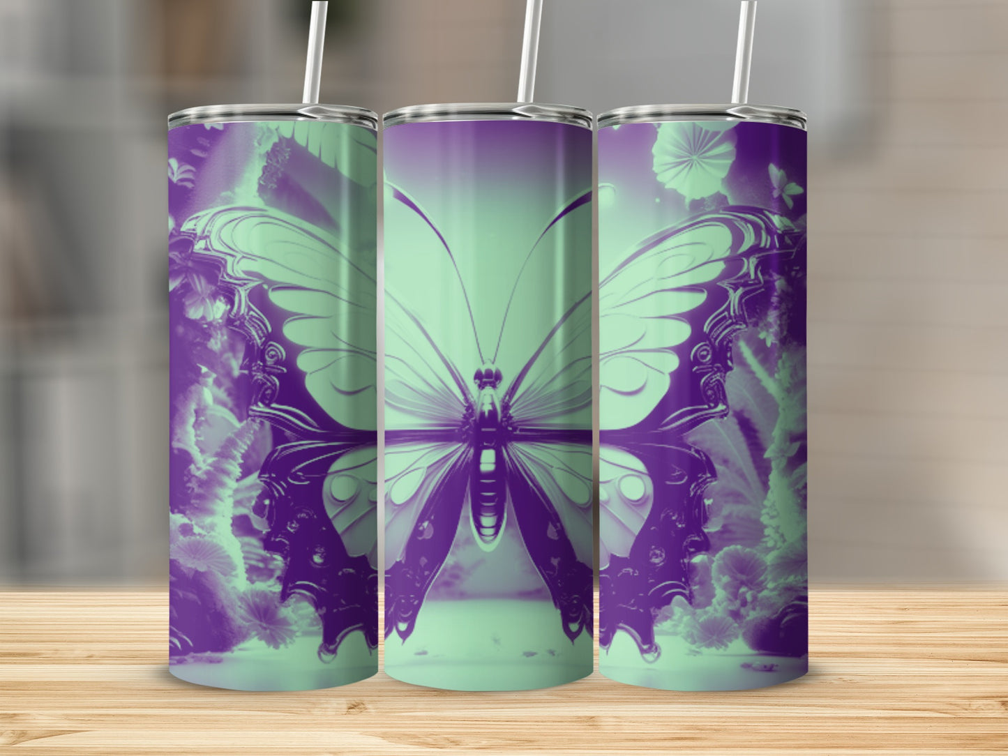 Purple and green butterfly on a three-pack tumbler display.