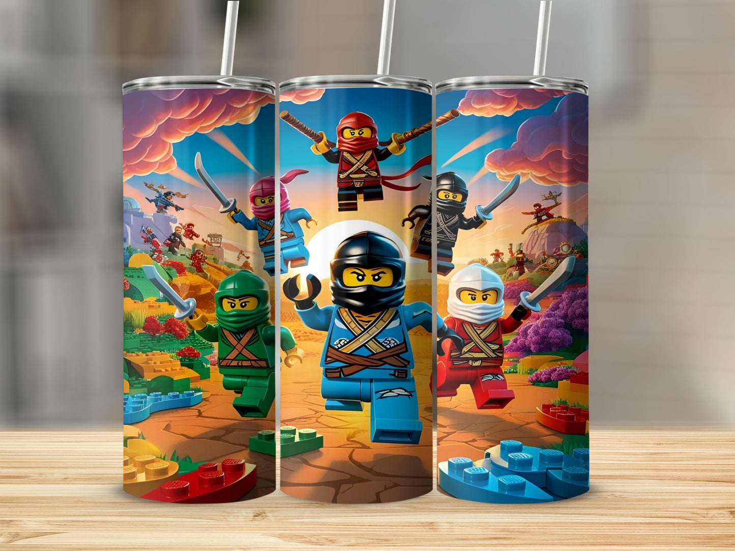 Ninjas in combat on colorful LEGO bricks with a starry sky.