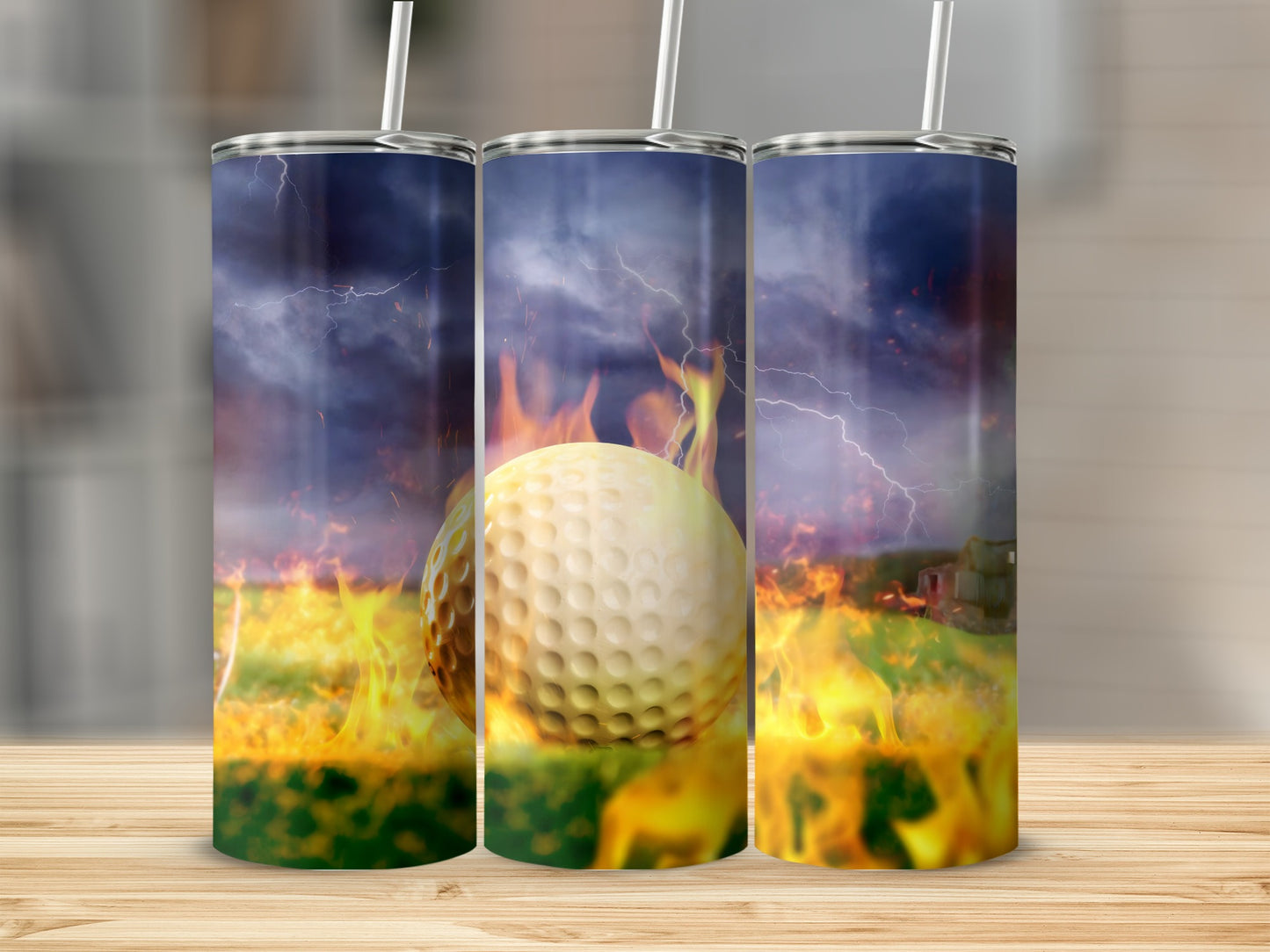 Fiery Golf Ball Tumbler with Lightning Design